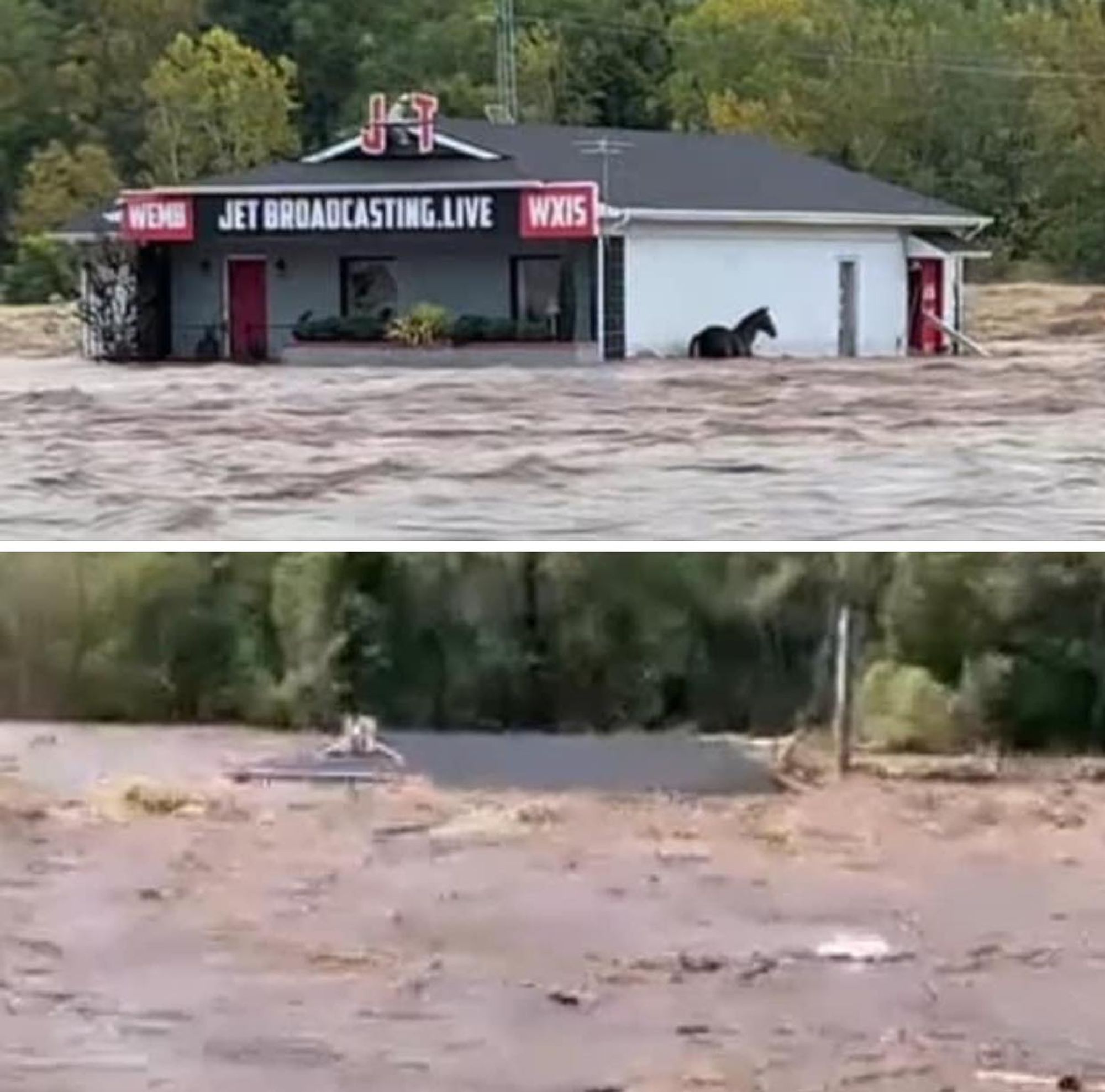 top image: small building with signs. "JET BROADCASTING LIVE" WEMB WXIS. There's a horse tied up next to it.

bottom image: raging waters up to the roof of the radio station, not quite covering. no sign of the horse.