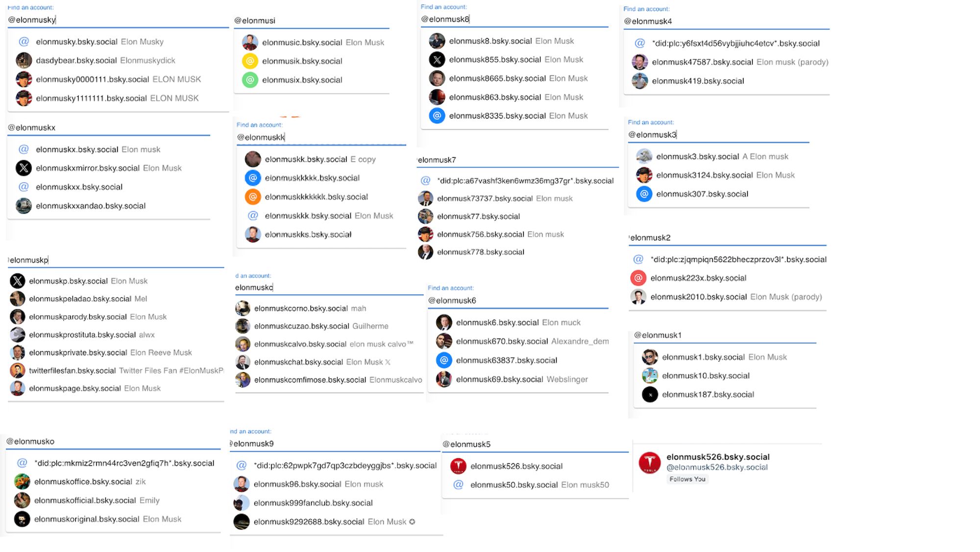 variations on the theme of Bluesky handles containing Elon Musk's name. approximately 70 handles are jammed on a page 