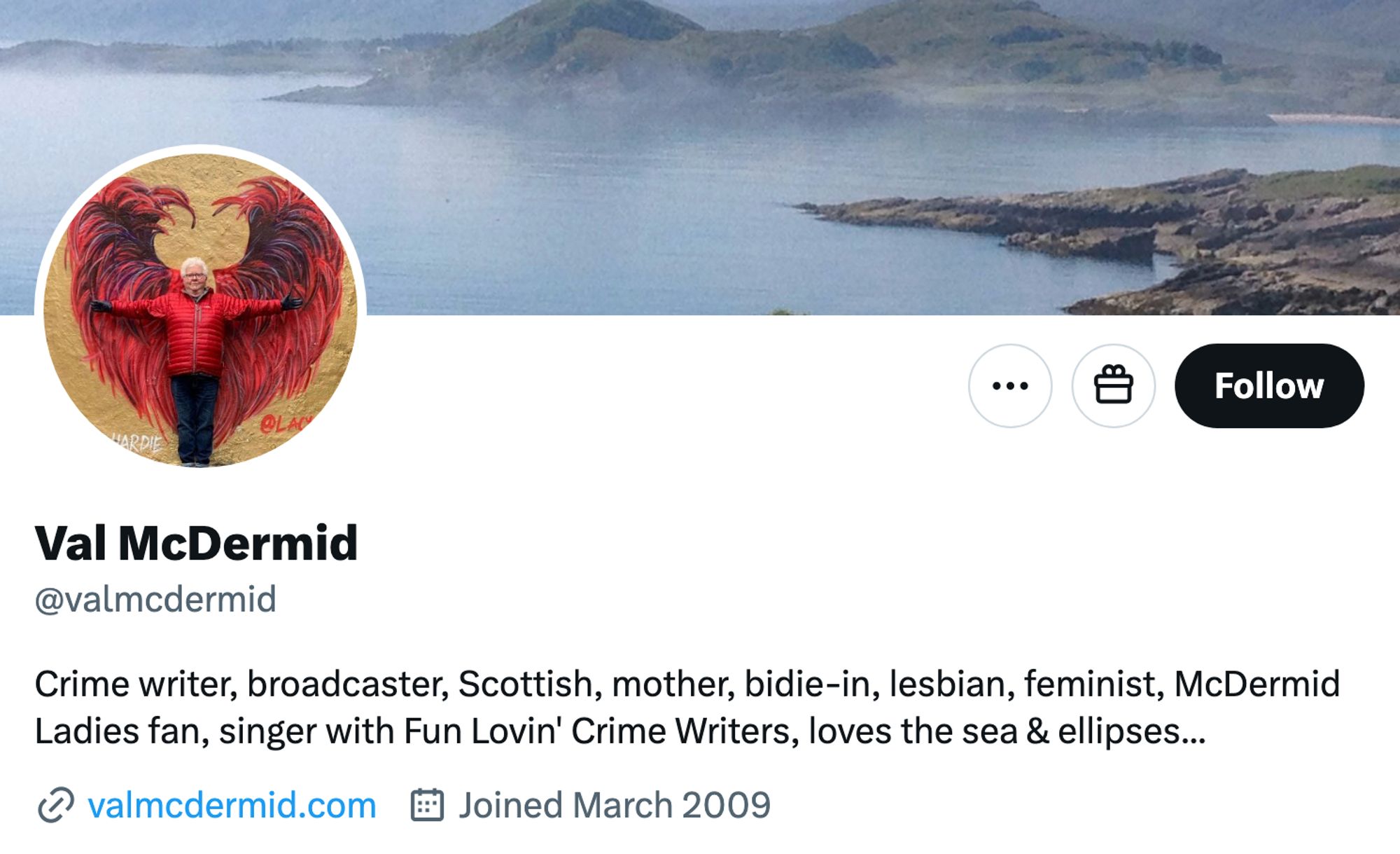 Val McDermid
@valmcdermid
Crime writer, broadcaster, Scottish, mother, bidie-in, lesbian, feminist, McDermid Ladies fan, singer with Fun Lovin' Crime Writers, loves the sea & ellipses...

valmcdermid.com Joined March 2009