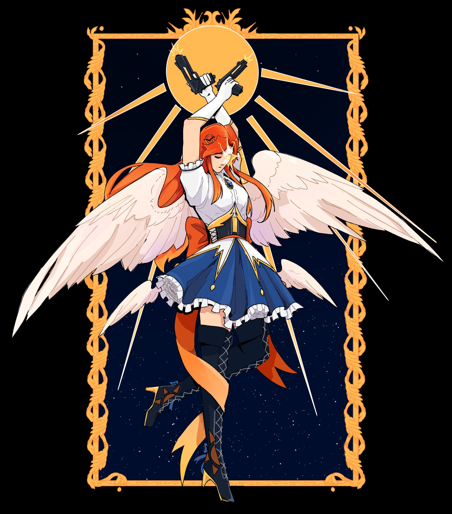 An artwork of Jay Ferin from Just Roll With It as a magical girl. She is in a golden frame with wings spread beside her and her arms above her head holding two guns in the centre of a sun.