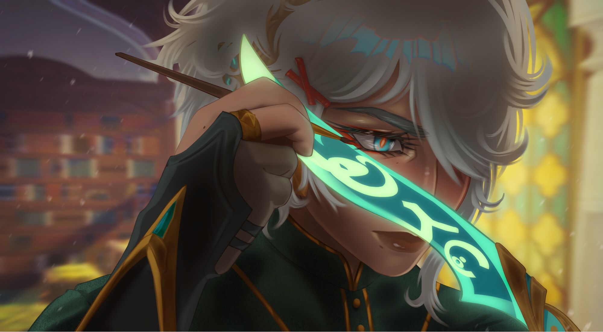 Closeup of Al haitham from Genshin impact holding his glowy green sword under his eye and putting on red eyeliner with the brush in one hand, Kaveh’s red pins holding the hair out of the way