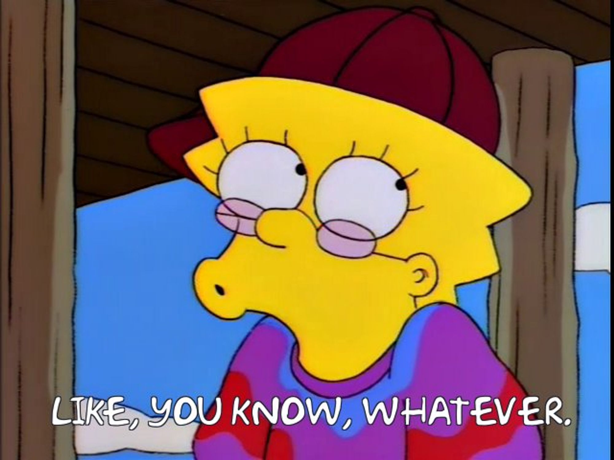 Lisa SImpson, from the television show "The Simpsons", wearing a backwards baseball cap and tyedye shirt saying the phrase "Like, you know, whatever."