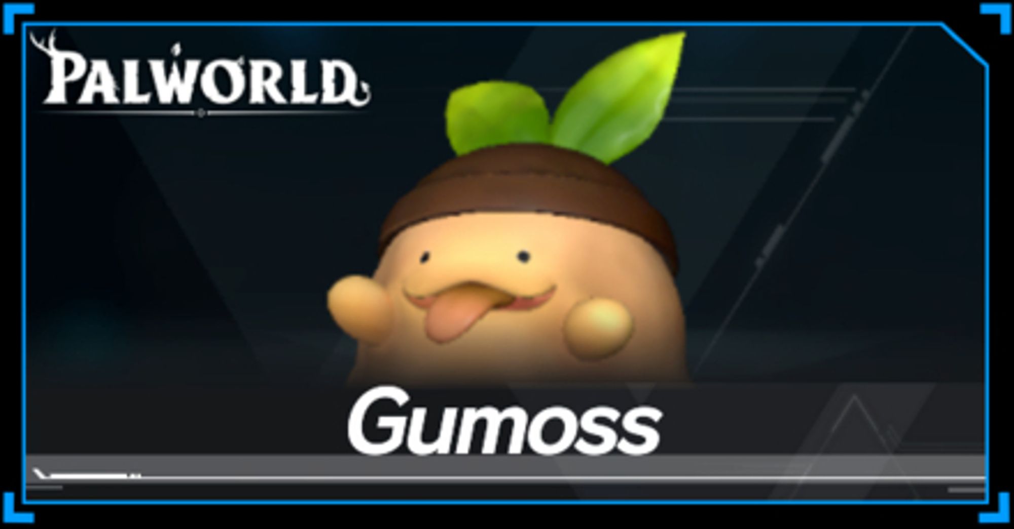 An image of the palworld pal, gumoss. A litte beige slime buddy with what looks like an acorn top with a big sprout growing out of it on his head.