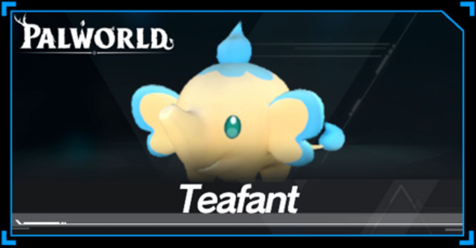 A picture of the palworld pal, Teafant. An ivory coloured elephant creature with blue accents that is clearly a play on the concept of a teacup elephant.