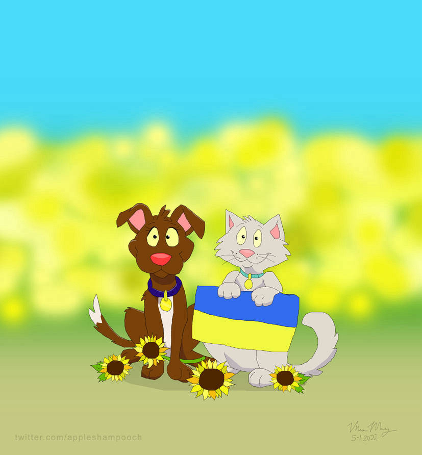 Drawing of a dog and a cat with sunflowers and a Ukrainian flag.