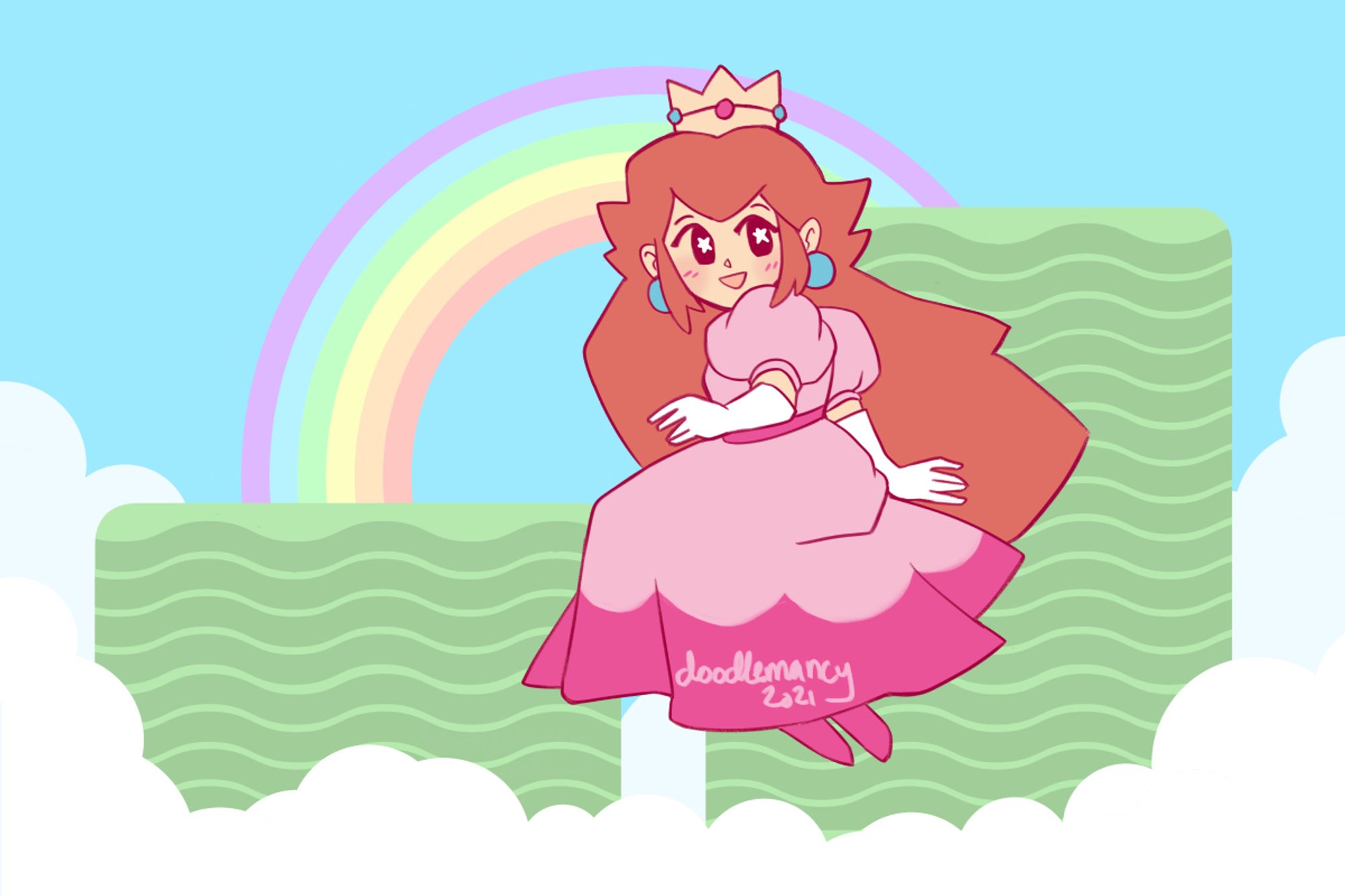 Mario Bros. 2 Princess Peach floating by a rainbow