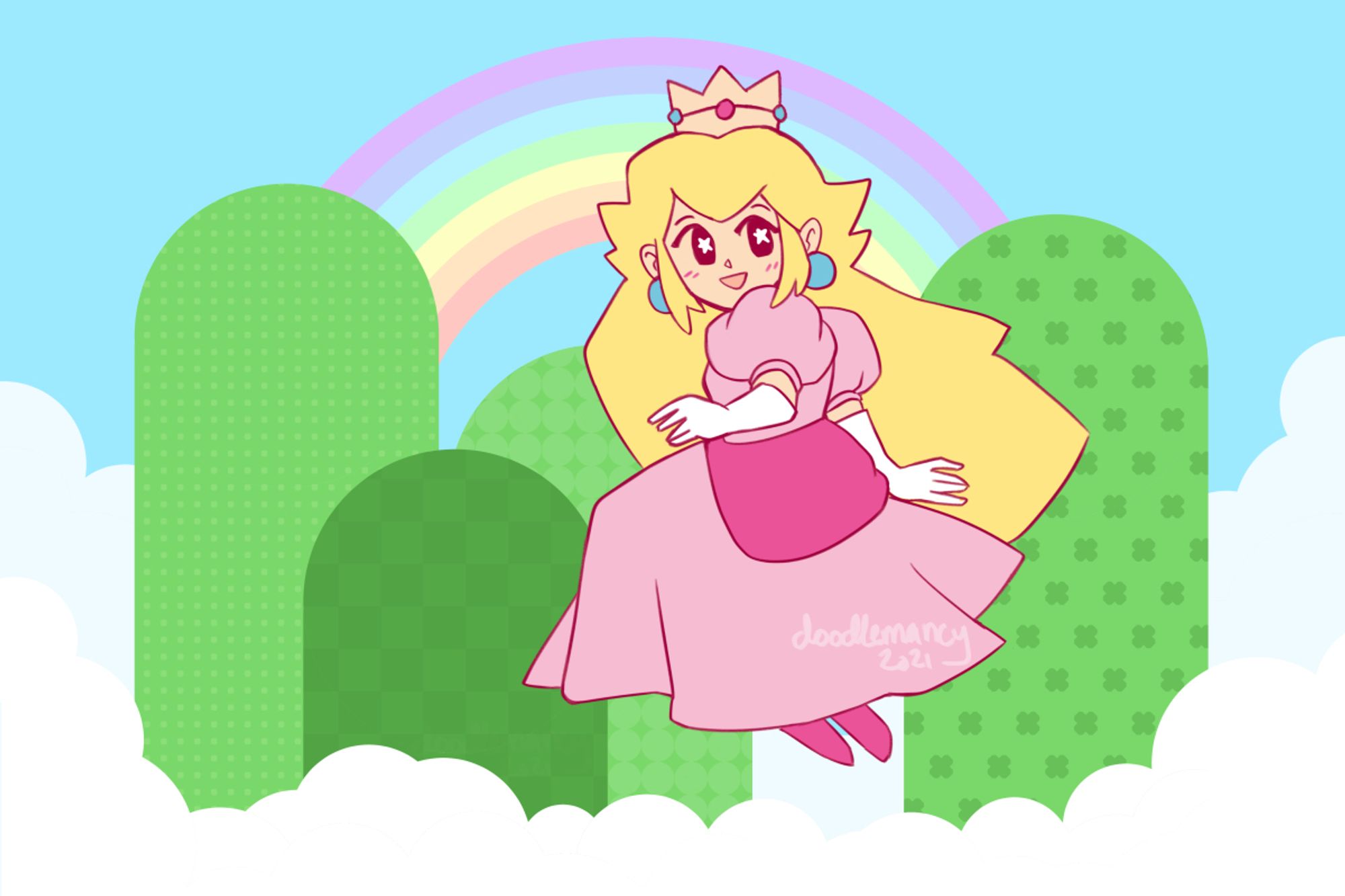 Princess Peach floating by some hills and a rainbow