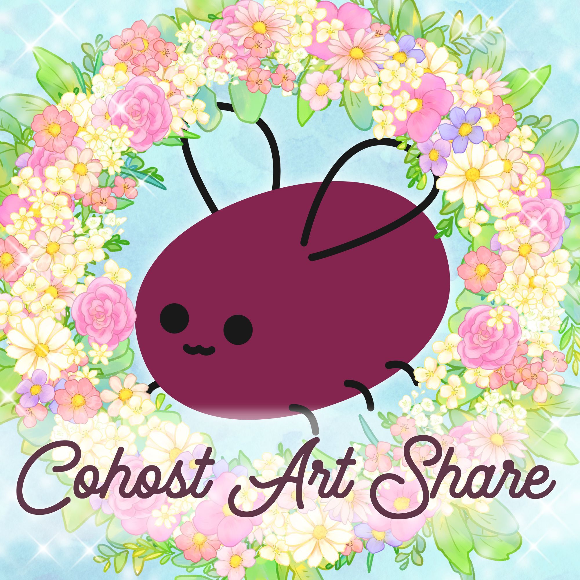 eggbug, cohost.org's mascot, wreathed in flowers and sparkles, the text says "Cohost Art Share"