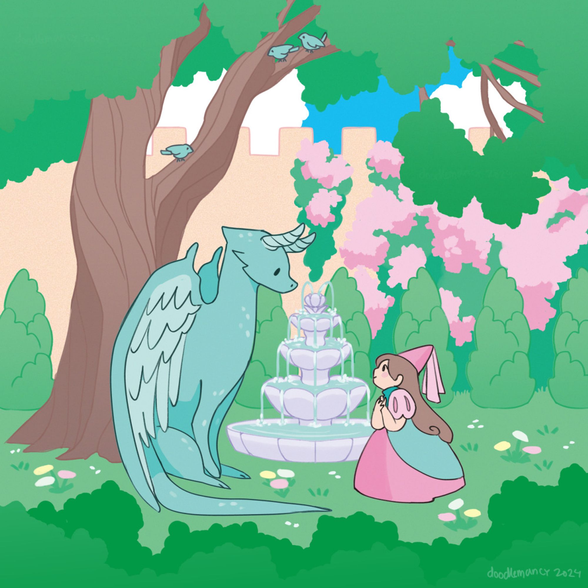 illustration of a dragon and a princess hanging out in a garden