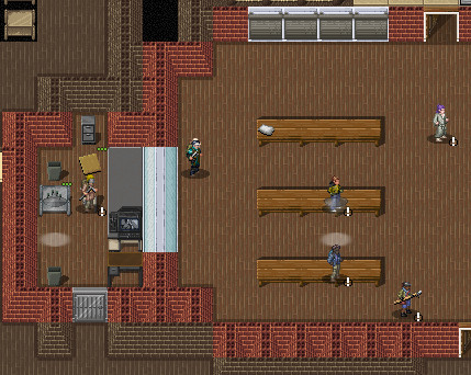 Cropped screenshot from Cataclysm: Dark Days ahead. Mario stands in the refugee center, trading with Smokes, the merchant.