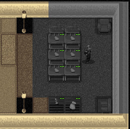 Cropped screenshot of Cataclysm: Dark Days Ahead. The player stands in a dark room, next to 6 tables, each of which has dozens of bags overflowing with cocaine.