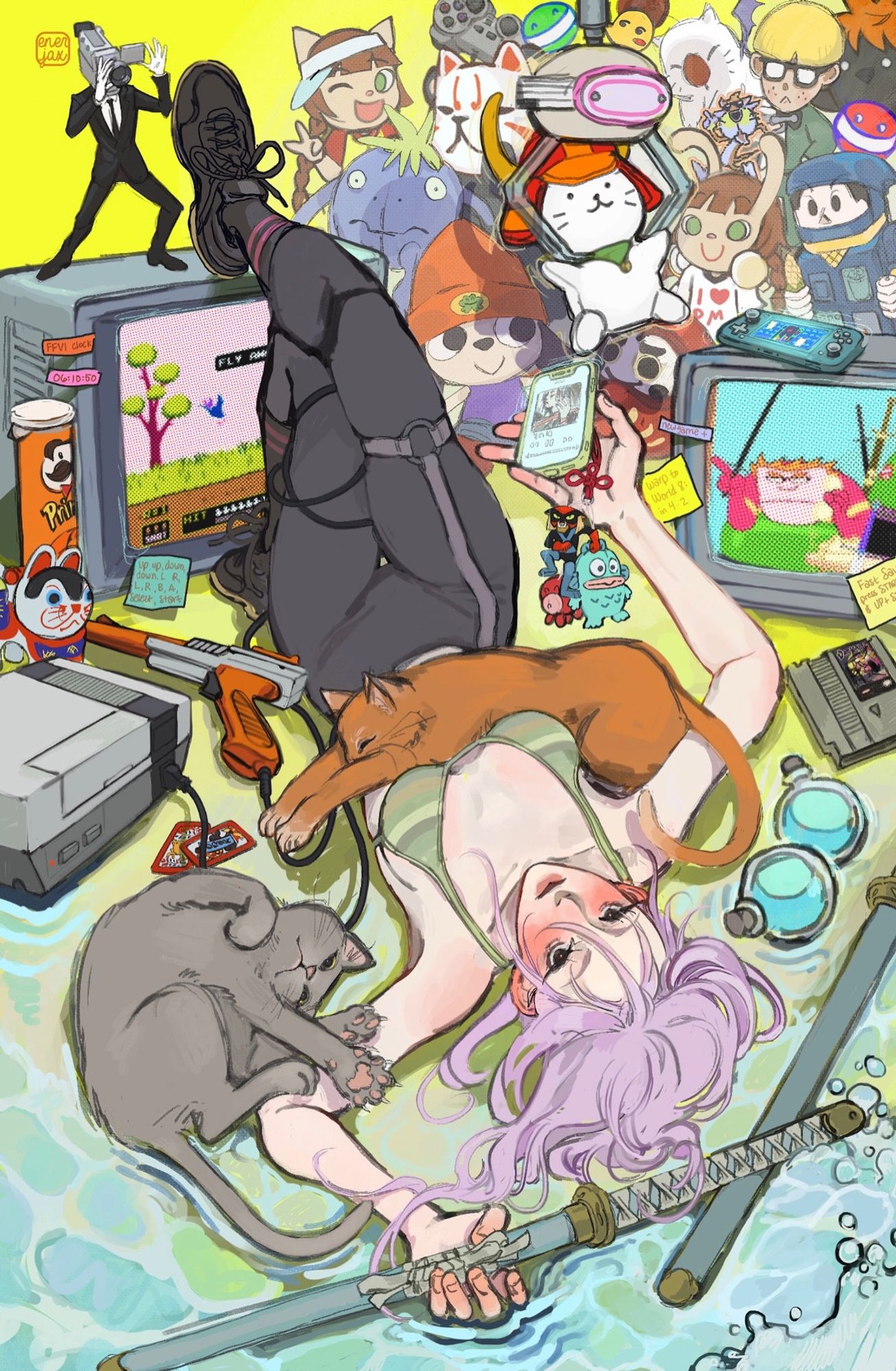 A lilac haired lady lays about a surrounding of cats, toys, and nostalgic shows and games on tvs. The rush of memories is bittersweet.