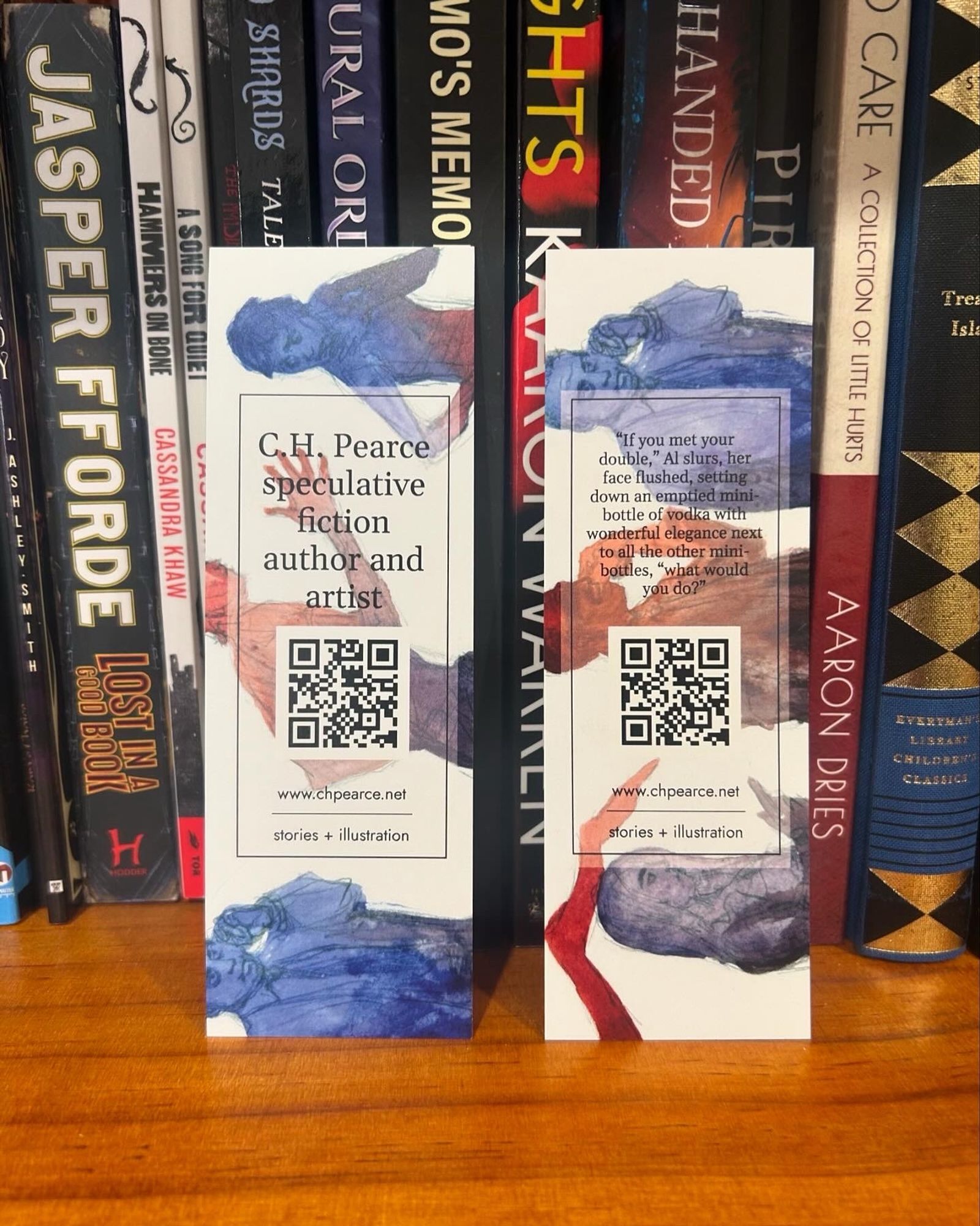 Bookmarks reading C.H. Pearce speculative fiction author and artist, with a QR code to www.chpearce.net and a background of watercolour character art in blue, purple and red tones