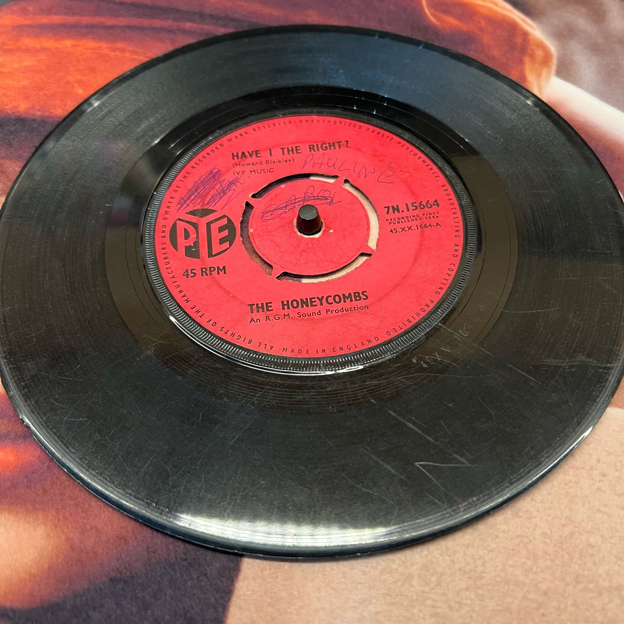 Black seven inch single with Carole written in ballpoint pen on the label and crossed out and replaced by Pauline