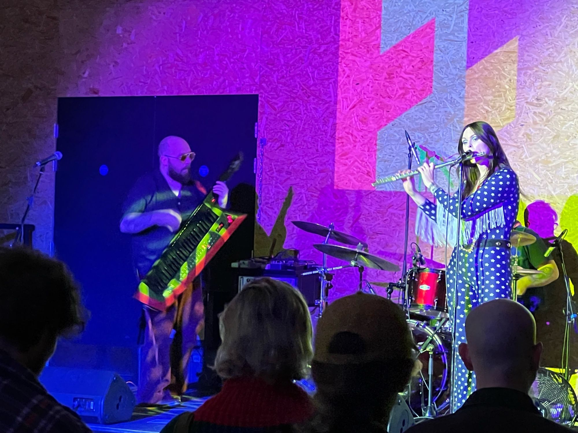 Bobbie Dazzle on flute and member of Dazzle band on keytar, just what we need in 2024, playing Fargo Village, Coventry