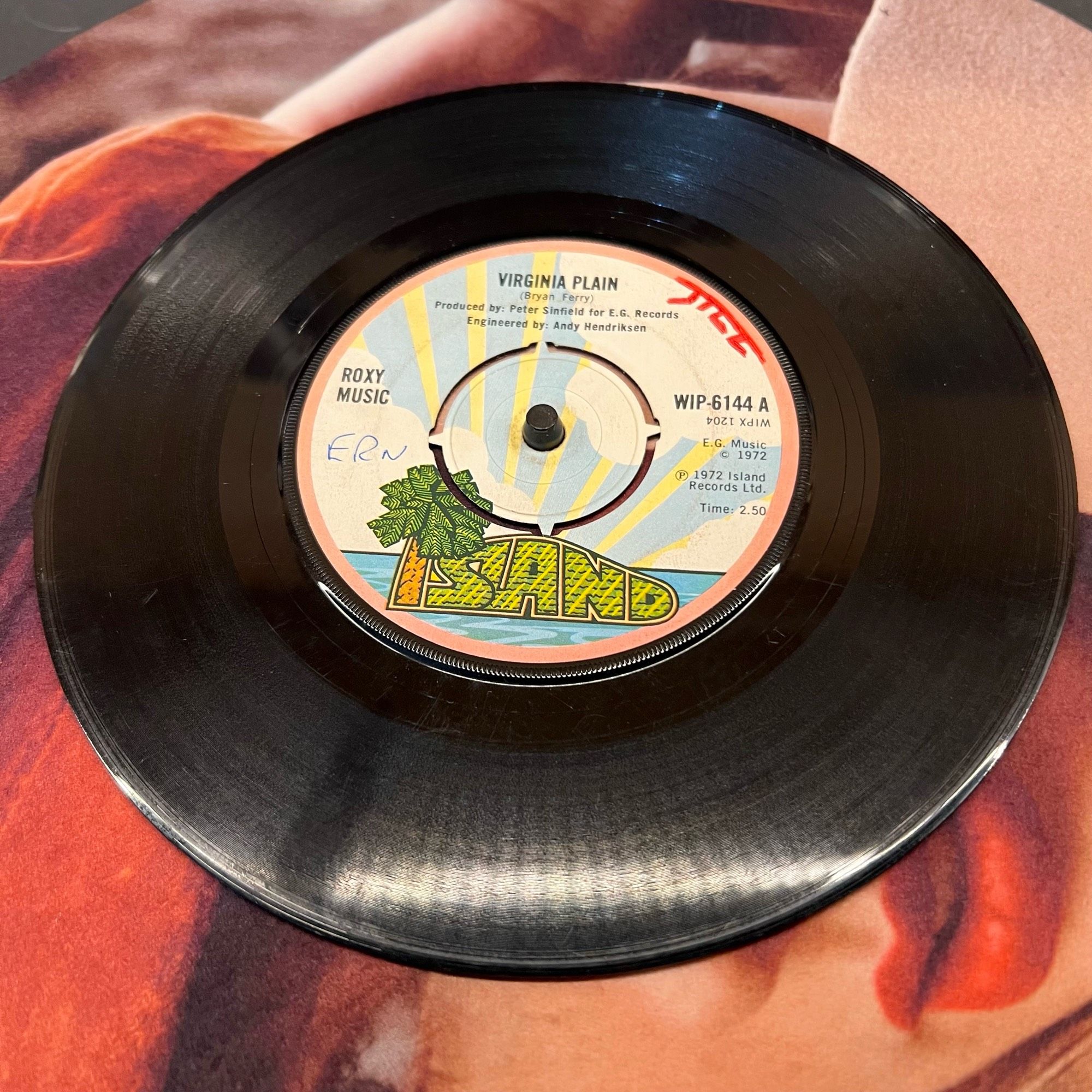 Black seven inch single with “Ern” written in biro on the label