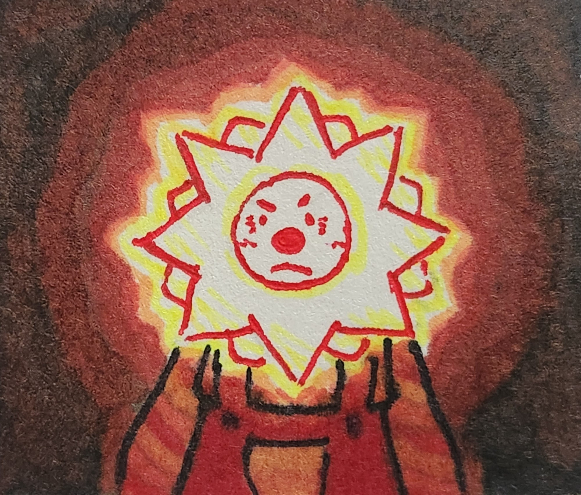 Traditional art of Sally Starlet from Welcome Home. Sally is drawn from the waist up, facing forward. She is surrounded by darkness and her head acts as the light source, emitting white/yellow light in a circular gradient outward. She looks slightly angry with downturned eyebrows and a frown. Her body is outlined in black, and her head and face are outlined in red.