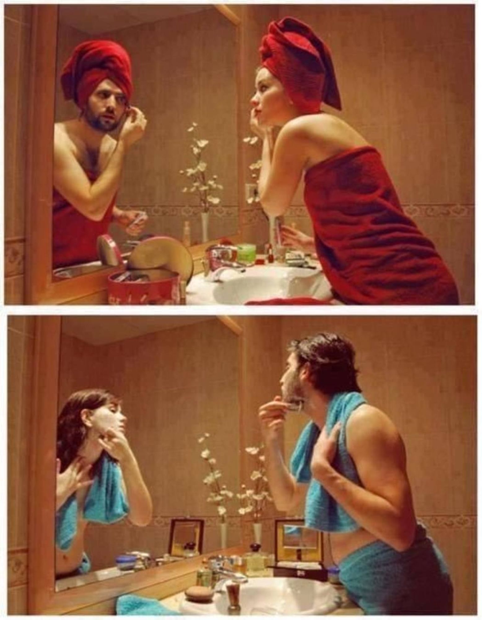 Top, a woman with a red towel wrapped around her torso at breast level examines herself in the mirror. The reflection shows a bearded man mimicking her appearance and movement

Bottom, a man with a blue towel wrapped around his waist and a matching cloth sling over his shoulders shaves in front of the bathroom mirror. The reflection shows a woman mimicking his appearance and movement