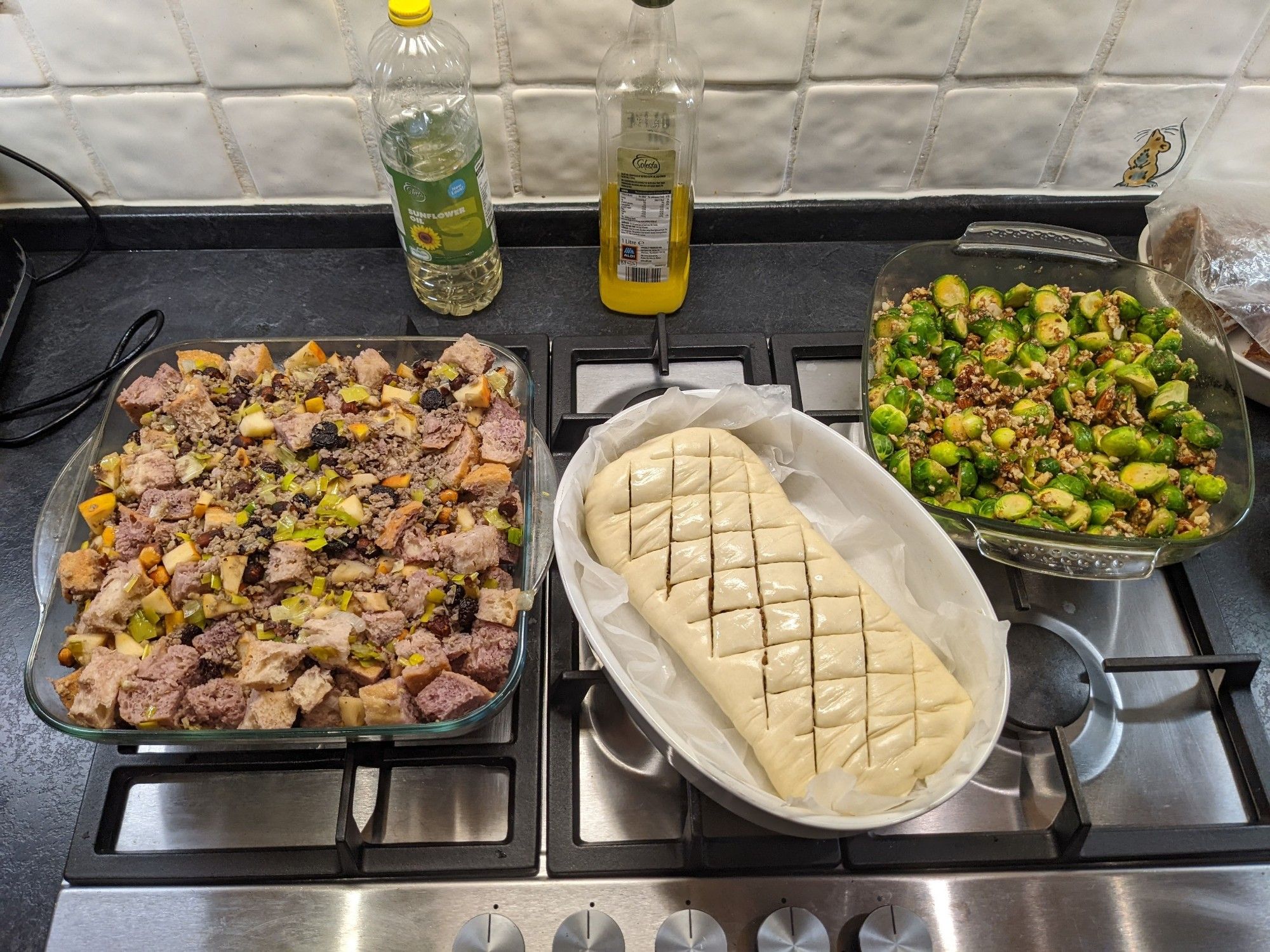 Vegan Beef Wellington stuffing and brussel sprouts about to go in the oven