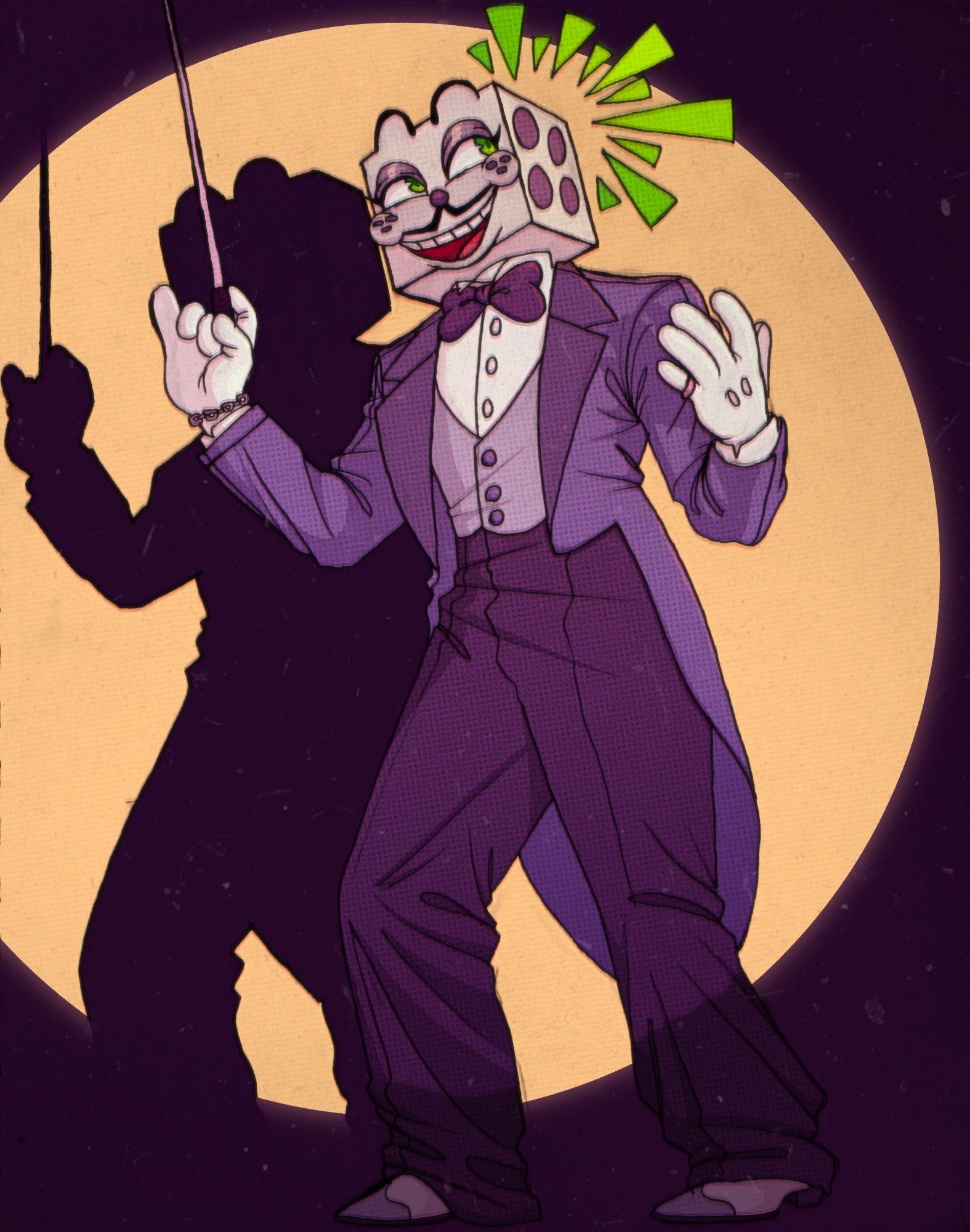 [ID: a digitally rendered drawing of King Dice from Cuphead. The drawing itself is heavily referenced from a photo of jazz musician Cab Calloway. He is shown standing with his knees bent, tilting his head to his right shoulder and looking up cheerfully to the left. He squints as he smiles with an open mouth. He holds a conductor's baton in his right hand and holds his left hand up at about chest level. A large yellow spotlight is cast on King Dice, obscuring parts of him slightly in shadow. His shadow is also cast on the wall behind him harshly. End ID]