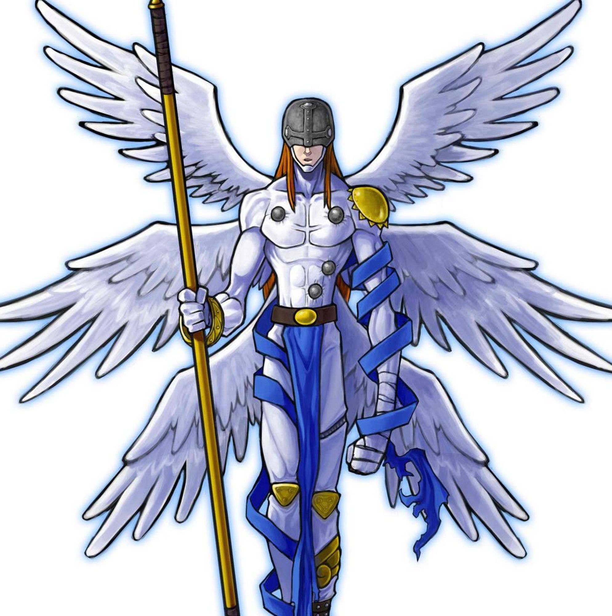 Angemon, a cherubic humanoid Digimon with a white, muscular body and six feathery wings. Its face is covered from its eyes upward by a helmet and is adorned with various gold plates and blue ribbons. It is holding a golden staff.