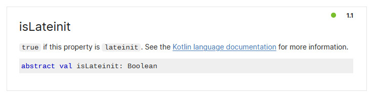 Kotlin documentation describing a property named "isLateInit"