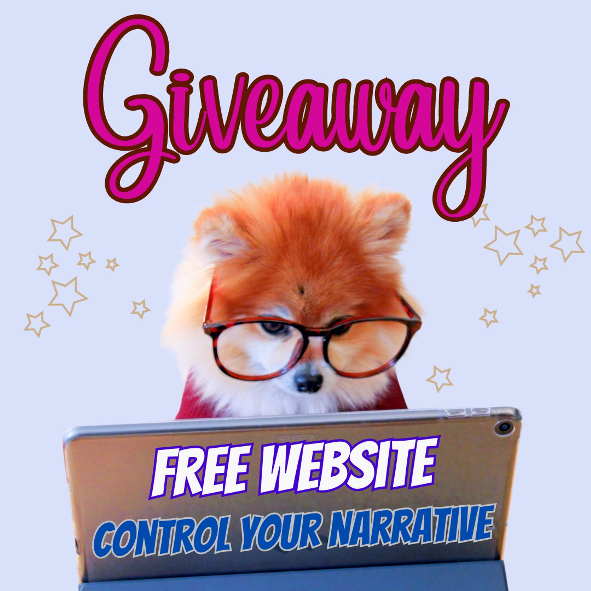 Lucky, the Lucky Sevens design mascot  sits in front of a computer. She wears glasses and is a red fox like Pomeranian. Above her head, our stars and a pink giveaway sign also in text free website, control your narrative.