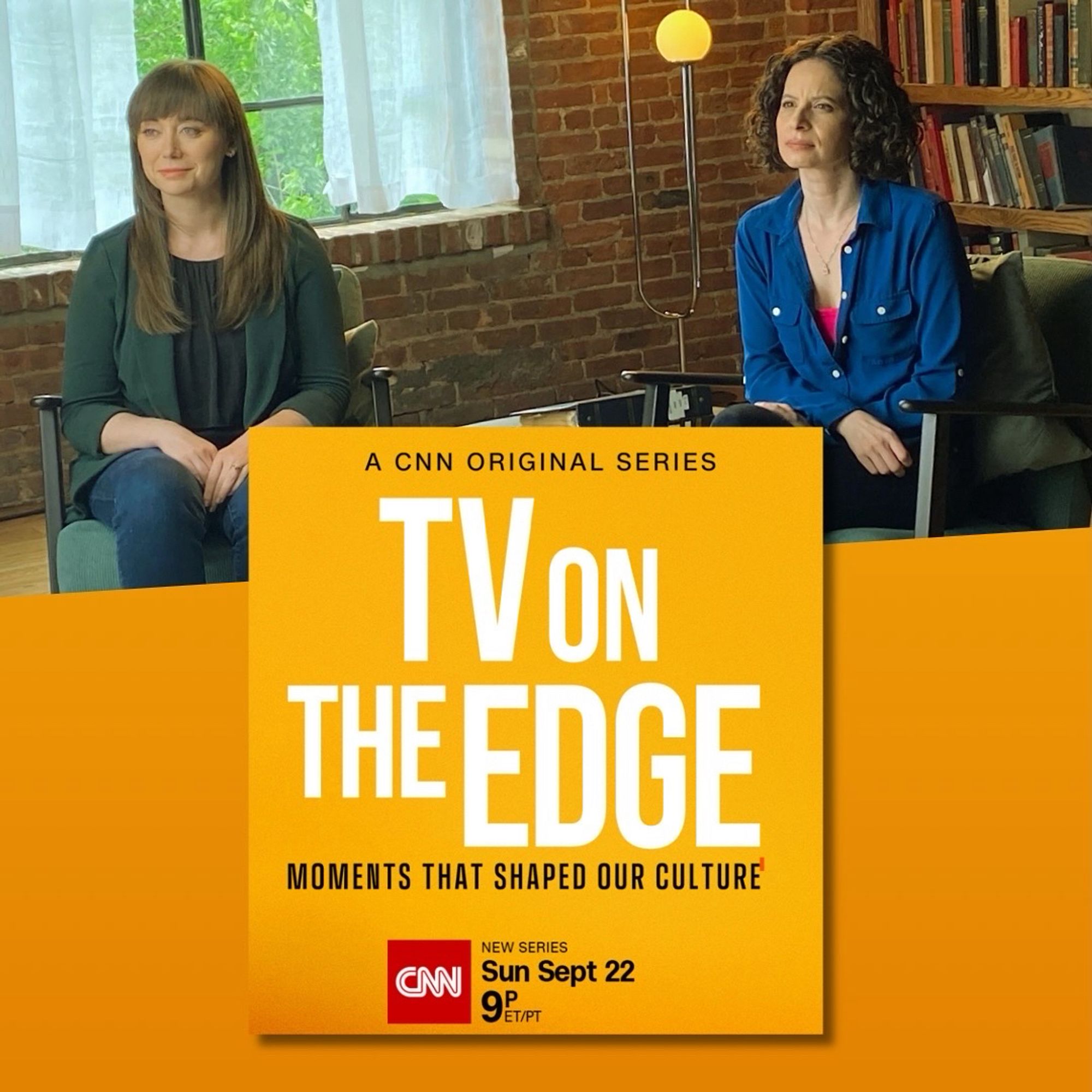 and her cohost on the Murphy Brown podcast Jesi Mullins on set of “Tv on the edge” airing this Sunday 9/22 @ 9pm on CNN