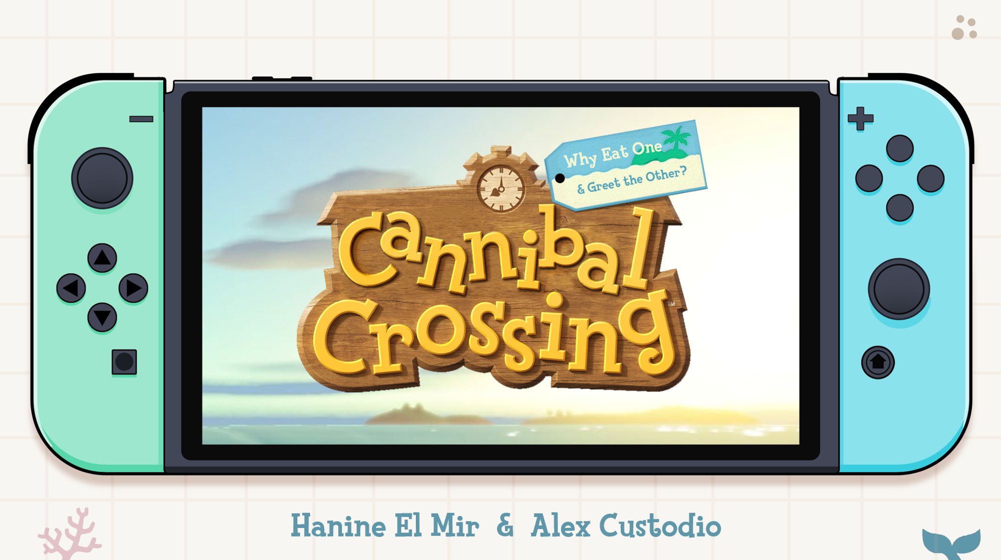 An illustration of a Nintendo Switch. On the screen is the Animal Crossing logo, but it has been modified to read "Cannibal Crossing."