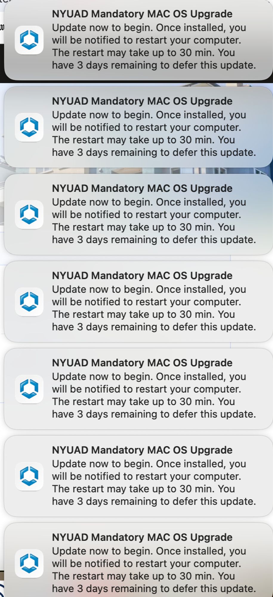 A CVS-receipt-length string of dialog boxes titled "NYUAD Mandatory MAC OS Upgrade"