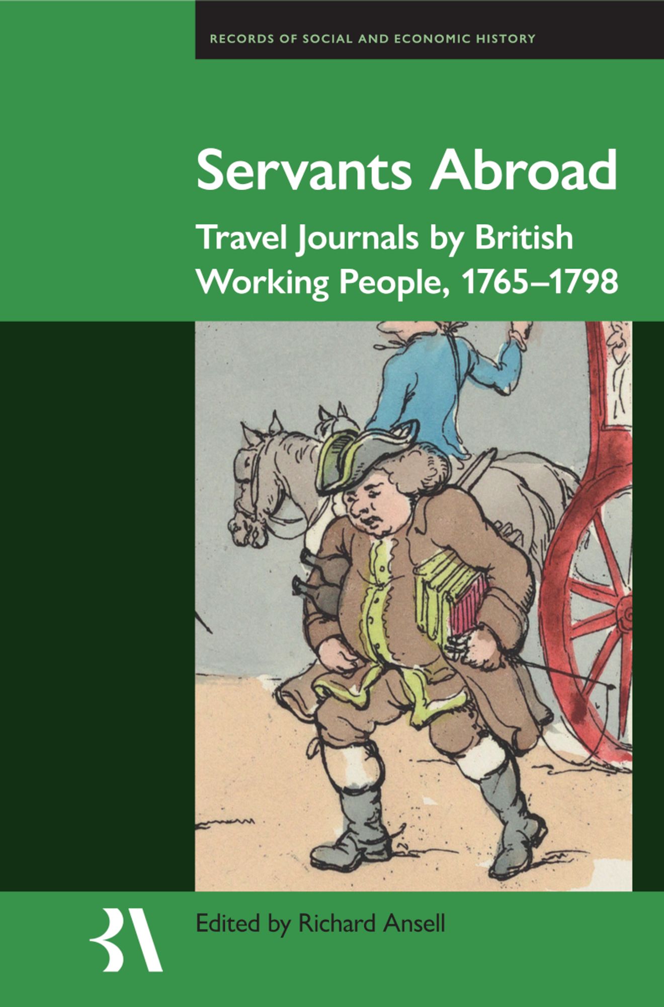 Cover of a book called Servants Abroad, with an illustration of a male servant in 18th-century dress, carrying books and wine.