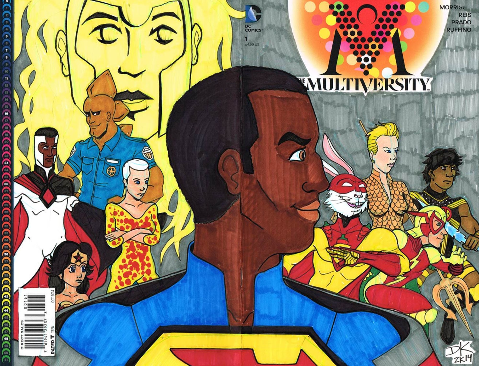 a pen and marker illustration on a cover of Multiversity #1. Calvin Ellis Superman in the foreground, with Harbinger, Dino Cop, Bloodwynd, Lady Quark, and a chibi Wonder Woman behind him on the left. Behind him on the right are Captain Carrot, Red Racer, Aquawoman, and Thunderer