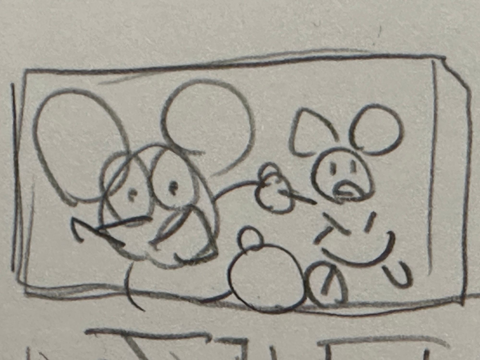 A very rough pencil drawing of Mickey Mouse running towards the viewer with a manic look on his face pulling Minnie in tow.