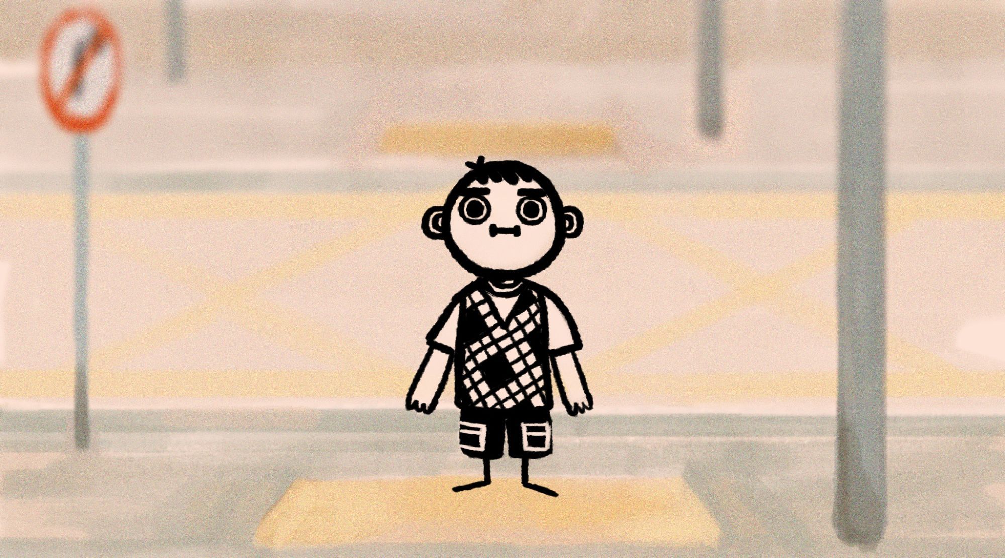 A simple line drawing of Kyungsoo standing in the street, wearing a sleeveless argyle vest over a white T-shirt and cargo shorts. He's making a neutral expression.