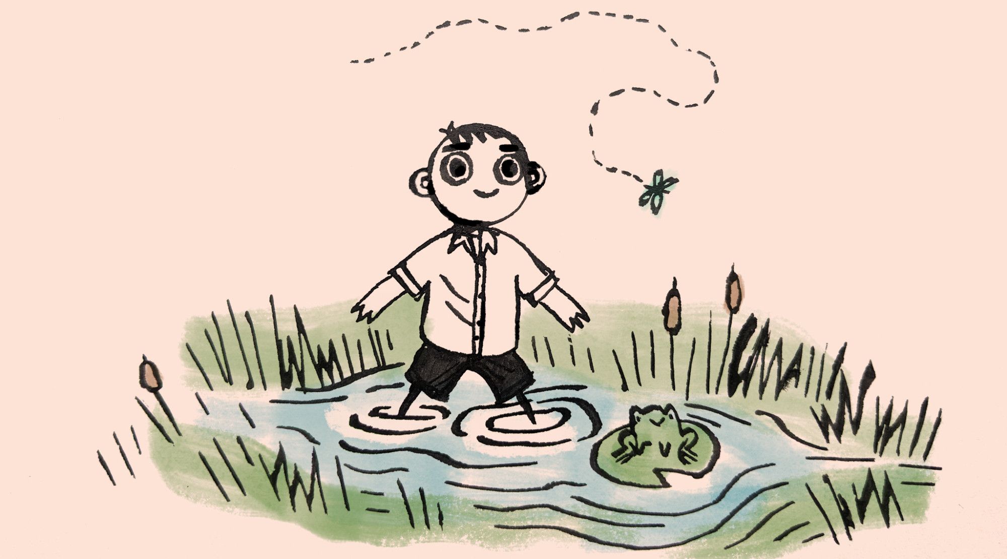 A simple pen and ink drawing of a cartoon Kyungsoo, waddling in a pond and looking at a dragonfly, smiling. There is a frog on a lilypad right next to him, also smiling. There are reeds surrounding the pond.