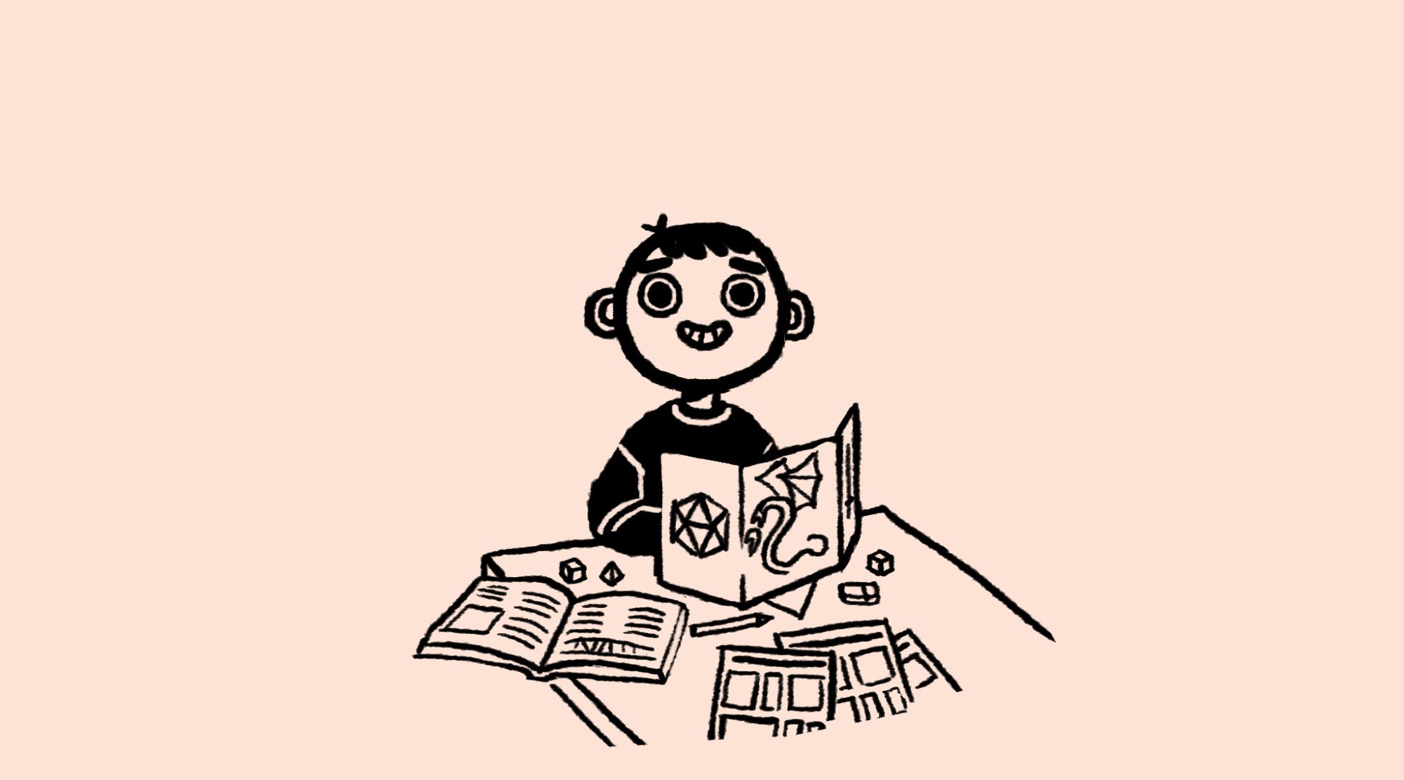 A cartoony, simple line drawing of Kyungsoo sitting at a table, grinning. There is a tabletop role-playing game set-up in front of him, a screen, some dice, a rules book, a pencil, eraser, and some character sheets.