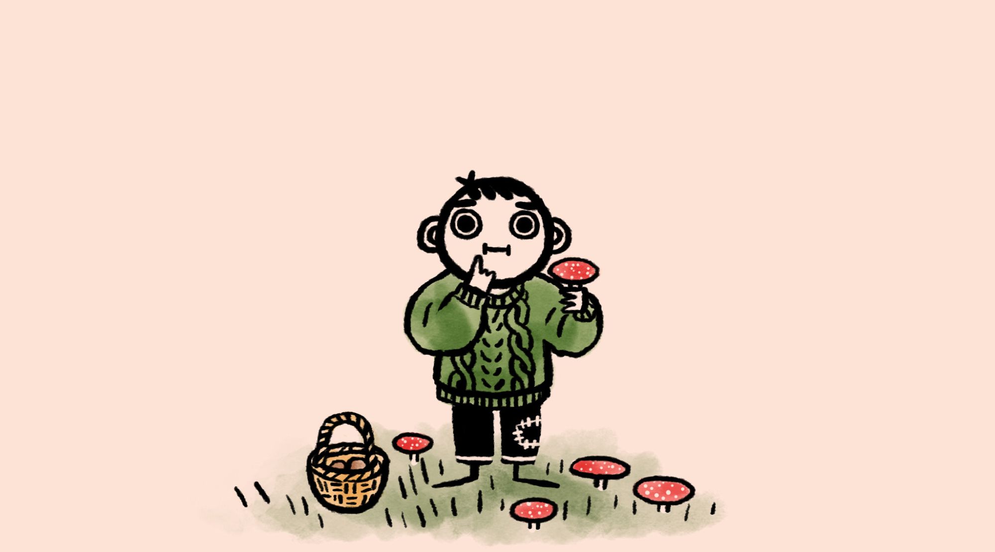 A cartoonish drawing of Kyungsoo, holding up a red mushroom with white dots, making a pondering face. He's wearing a green jumper with torsades, and patched-up black jeans. He's standing on grass, a few more mushrooms around him, and a small basket filled with brown mushrooms by his side.