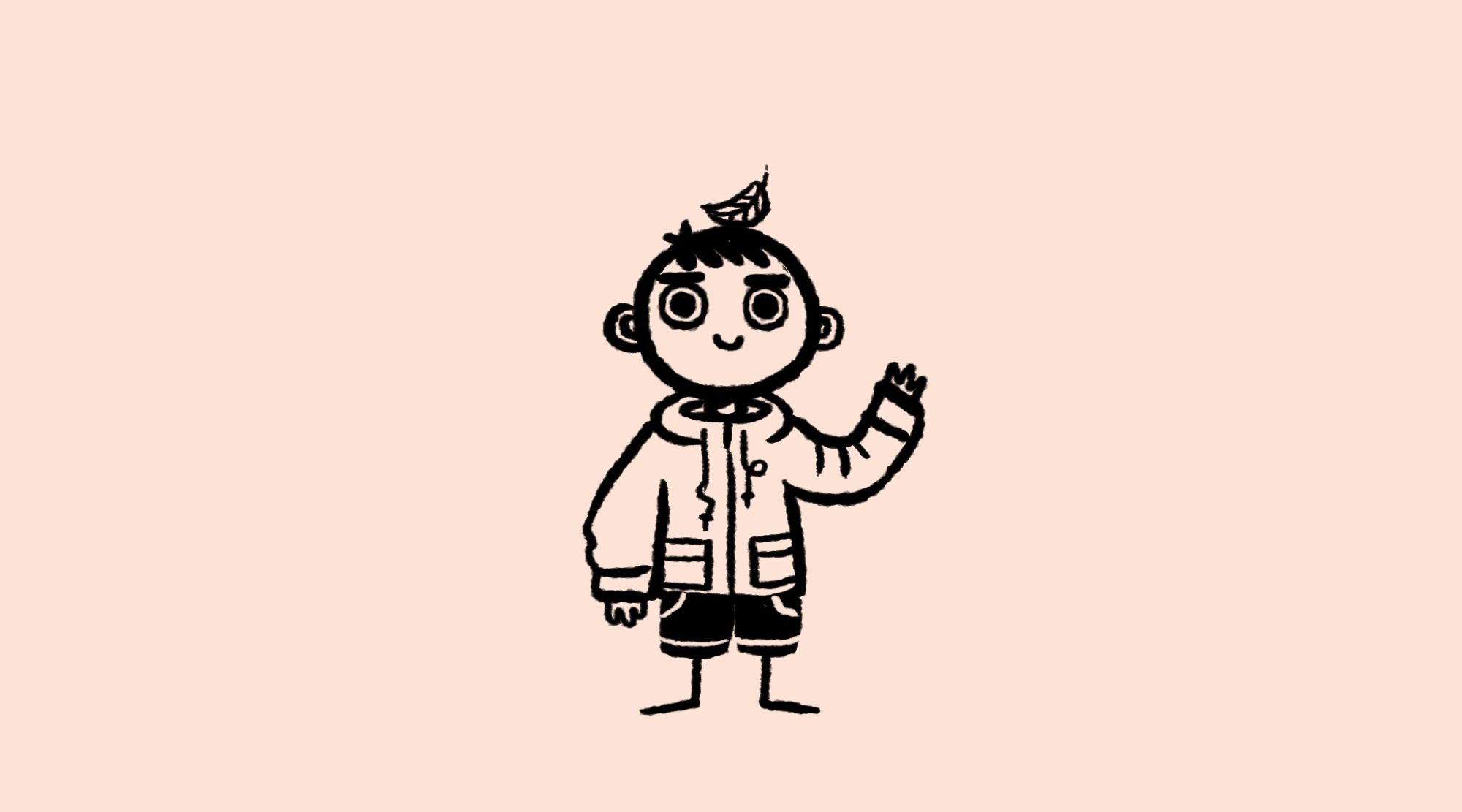 A simple, cartoonish drawing of Kyungsoo, wearing a jacket and a pair of shorts, smiling and waving. There is a leaf on his head.