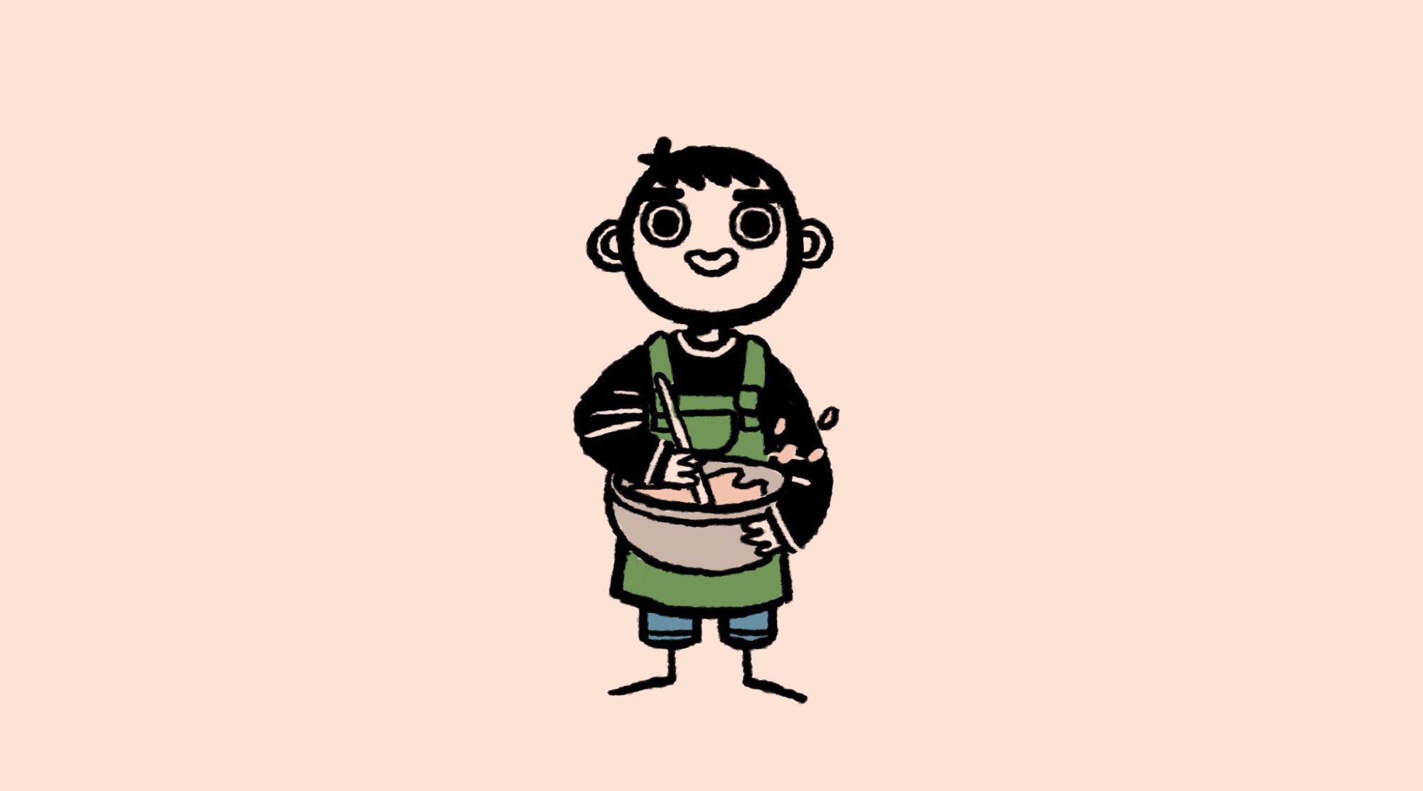 A simple, cartoonish drawing of Kyungsoo stirring some cake batter in a large bowl. He's wearing a green apron, a black long-sleeved shirt, and a pair of jeans. He's smiling widely.