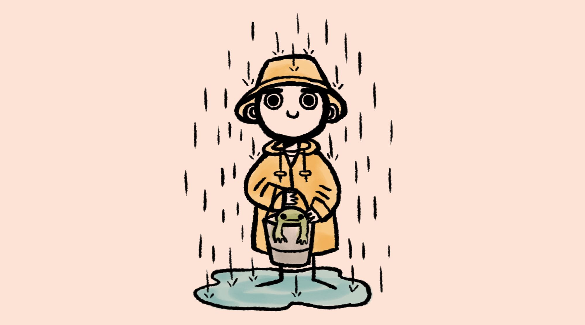 A cartoony drawing of Kyungsoo wearing a yellow rain hat and yellow raincoat. He's standing under the rain in a large puddle, holding a bucket with a toad in it. He's smiling.