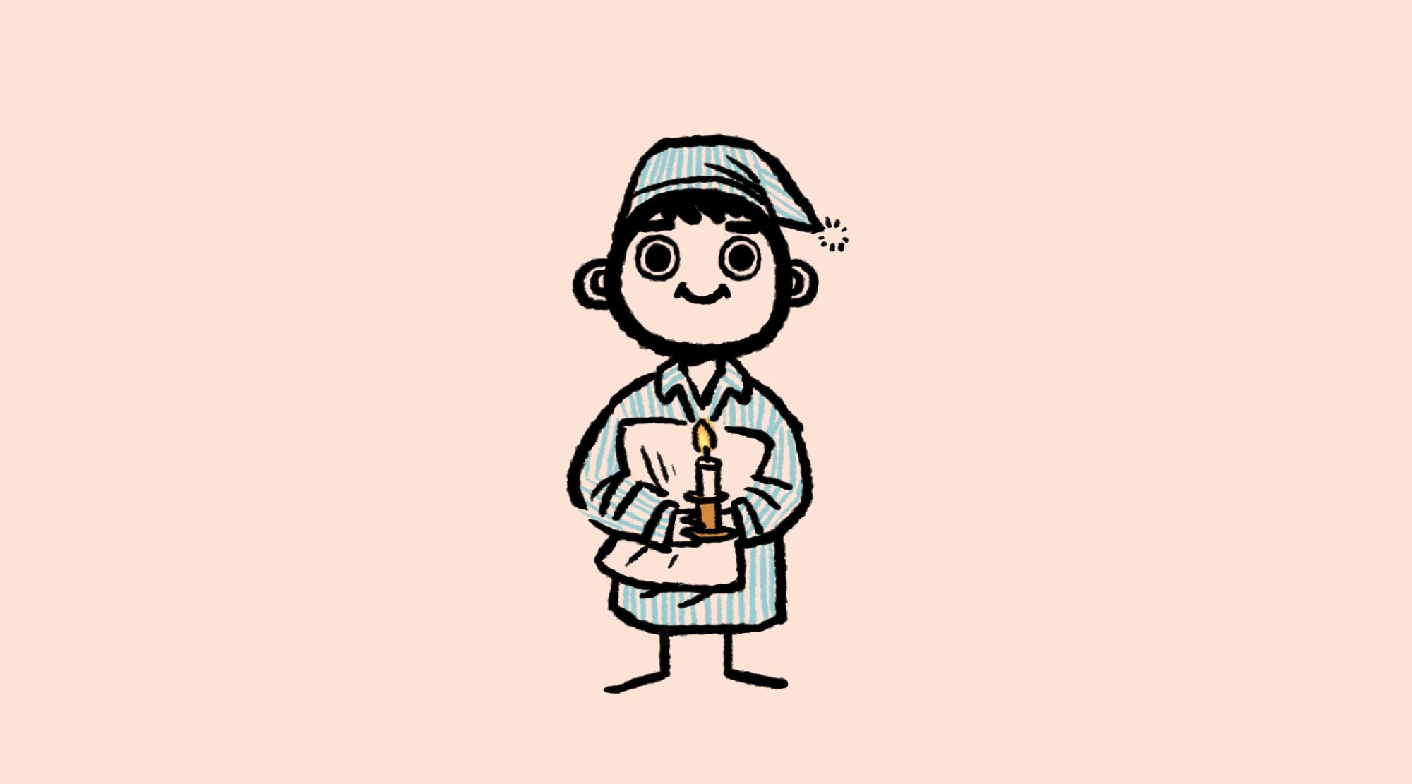 A little cartoony drawing of Kyungsoo, smiling contentedly, wearing a striped sleeping cap and night gown, hugging a pillow and holding a candle with both hands.