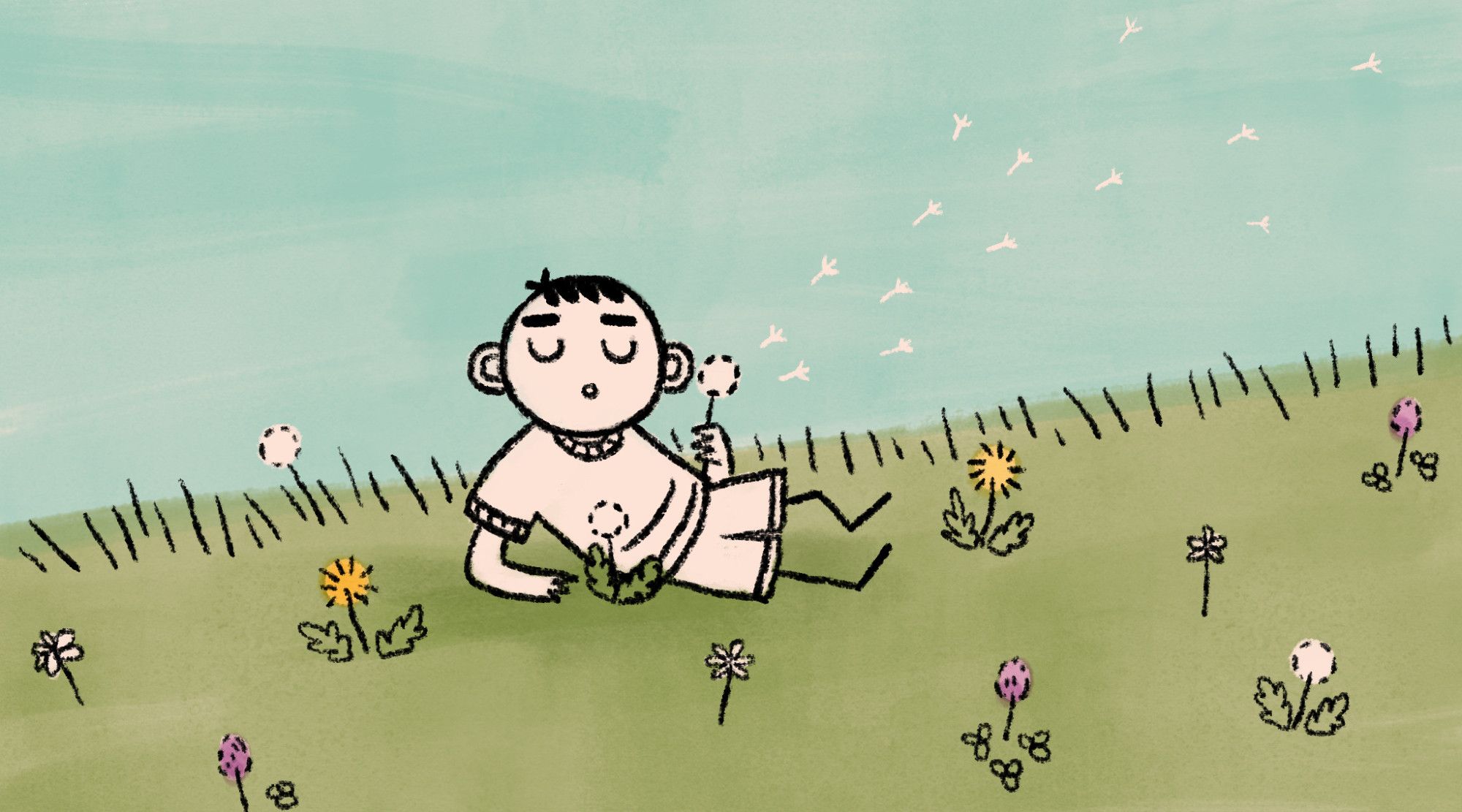 A simple line drawing of Kyungsoo, lying in the grass while blowing on a dandelion. His eyes are closes, and he is surrounded by various other wildflowers. The sky is clear, a pale turquoise.