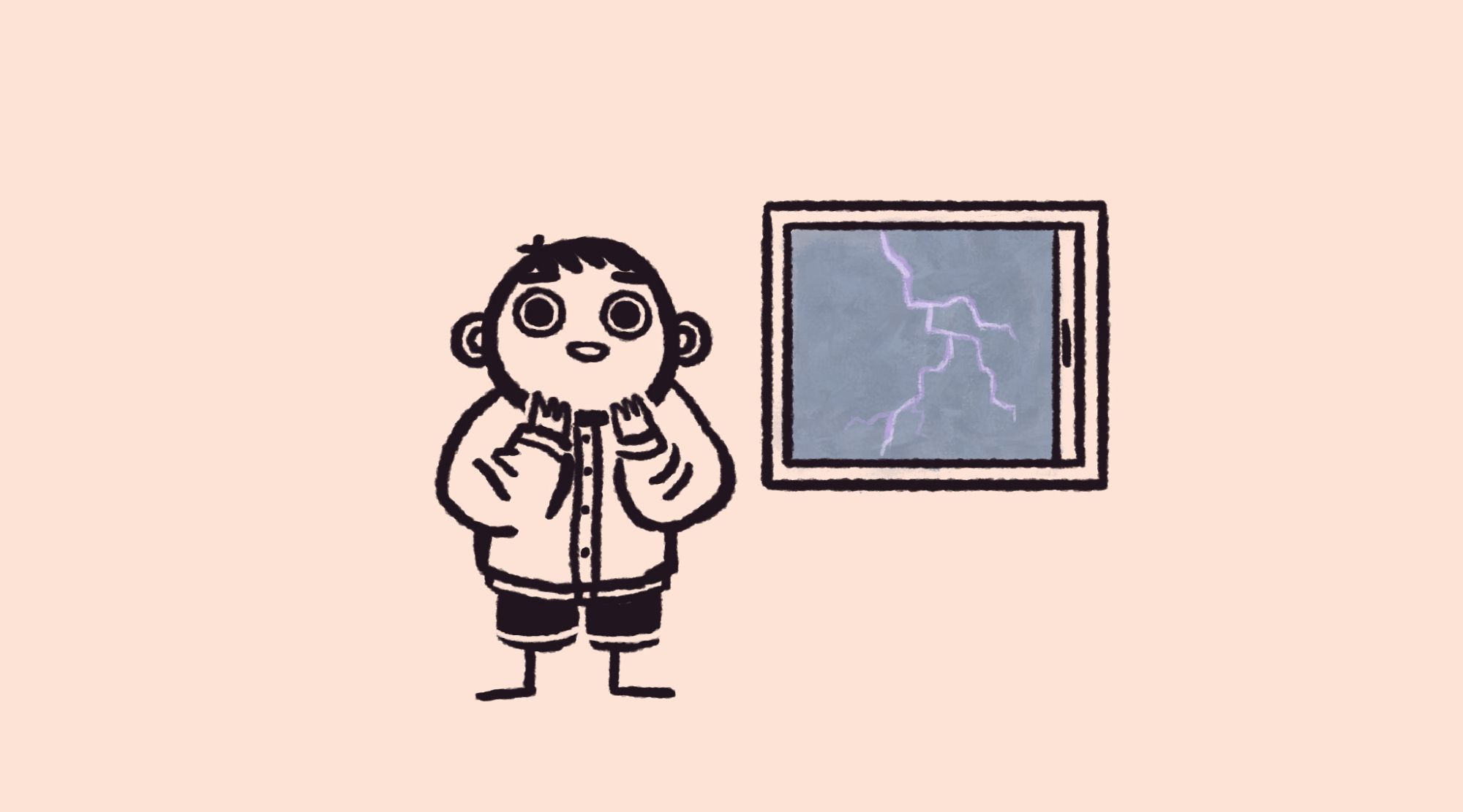 A cartoonish line drawing of Kyungsoo, looking excited with both his hands raised to his face. He is standing right next to a window through which a dark, cloudy sky is visible, a lightning bolt striking right at this moment. Kyungsoo is wearing a button jumper and a pair of shorts.