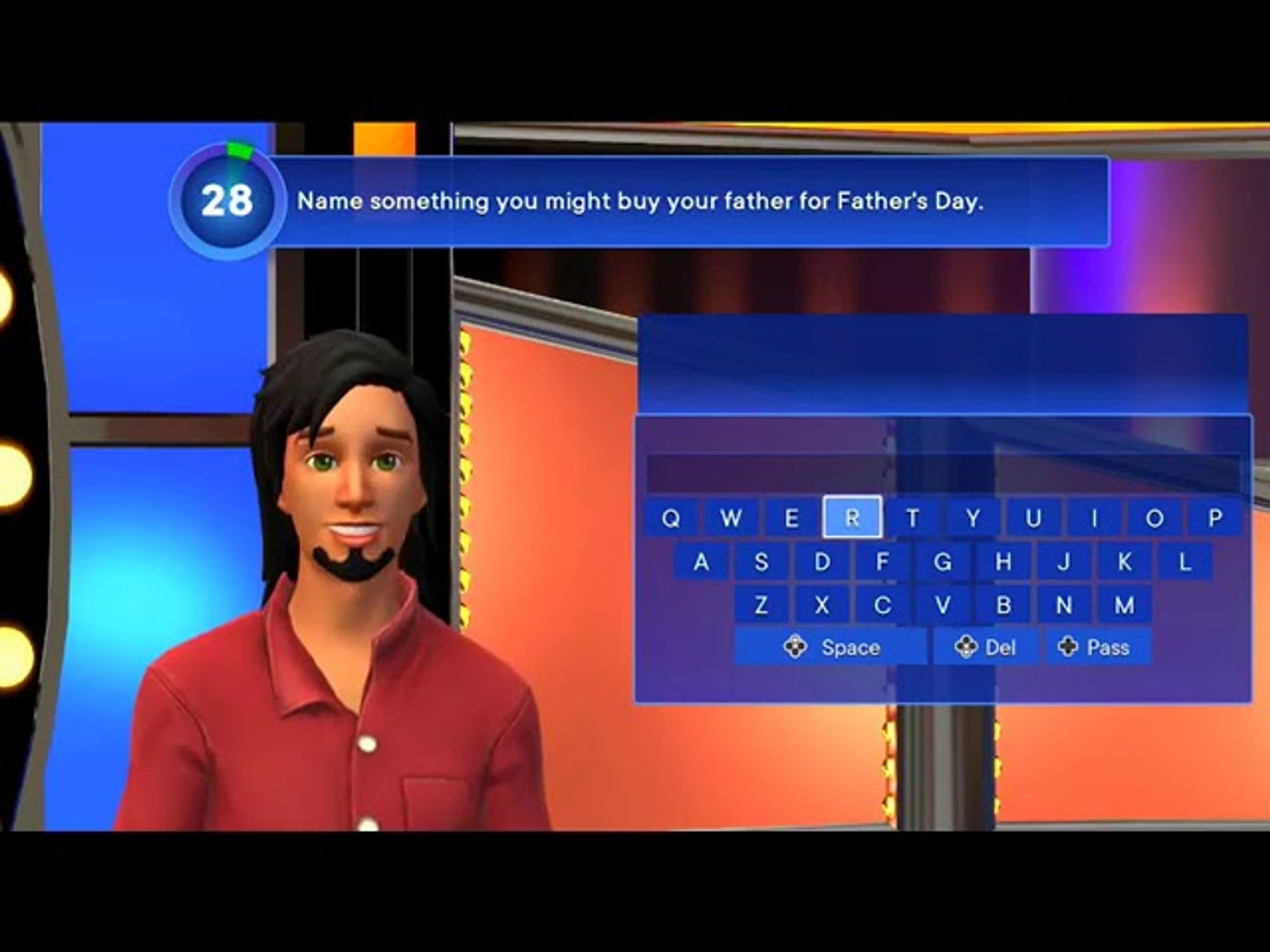 screengrab from the nintendo switch game "family feud" featuring a contestant answering the prompt: "name something you might buy your father for father's day"