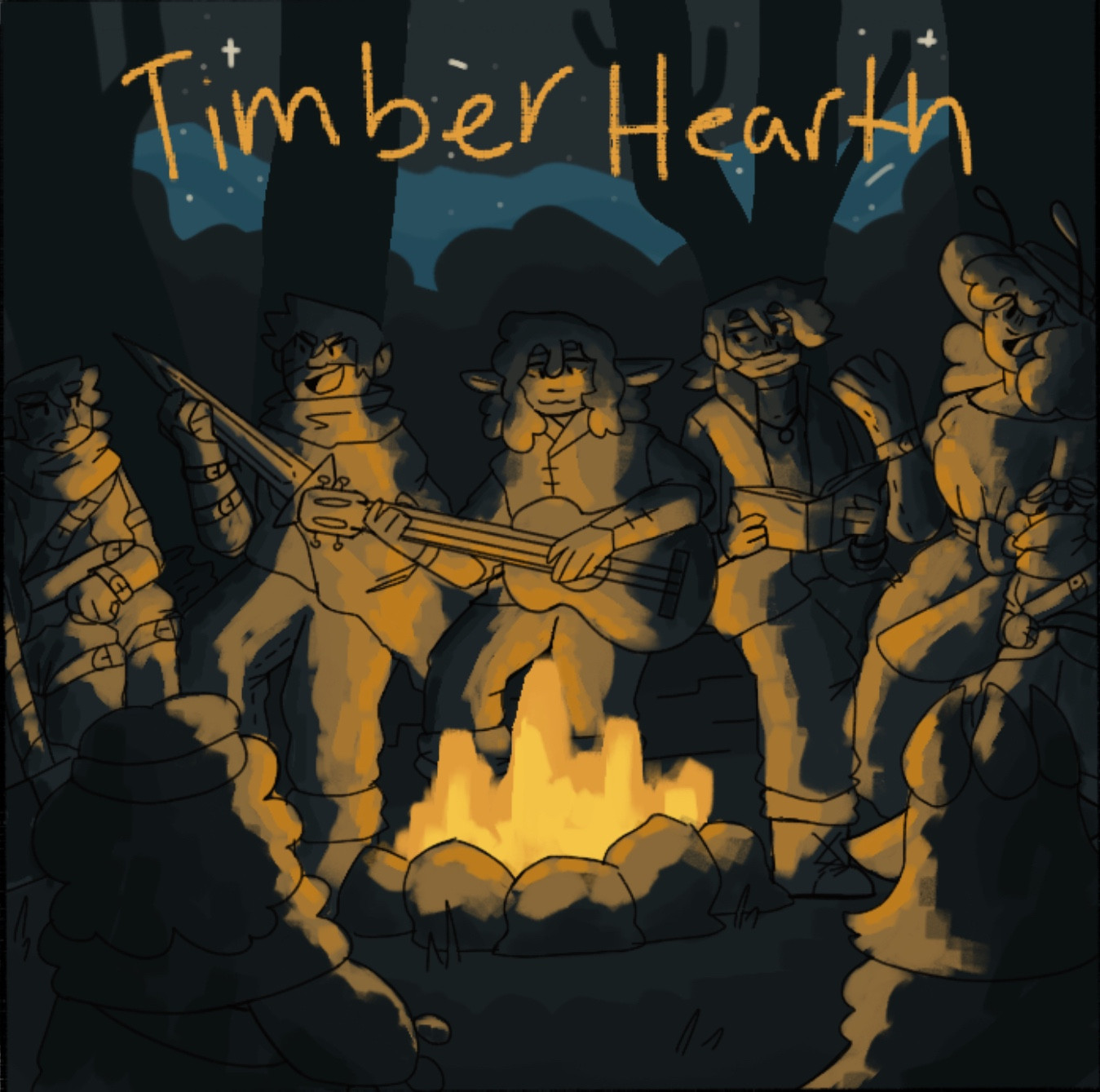 A drawing of the Bloodlines crew to the song timber hearth by Andrew Parthlow. They all sit in front of a campfire while Wax plays a guitar.