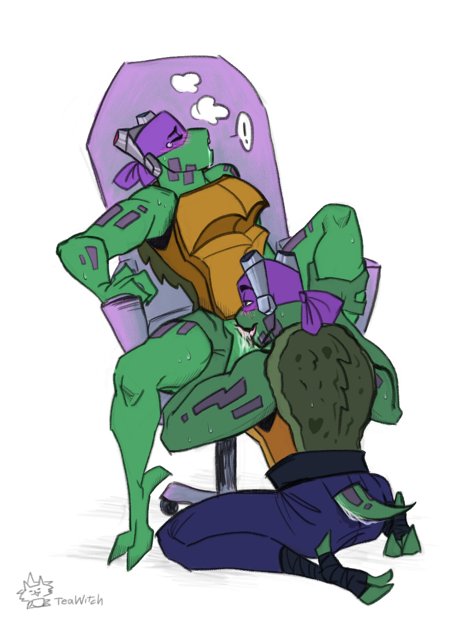 Future Donnie (in dark blue pants which are soaked near his wet tail) resting on his knees comfortably in front of Present Donnie, who sits in his gaming chair. Donnie is flushed and panting from how Future Donatello eating his pussy out, saliva and slick dribbling down Present Donnie's crotch. Future Donatello kneads Donnie's right thigh while his other hand grabs the left calf and keeps it in the air for easier access. 