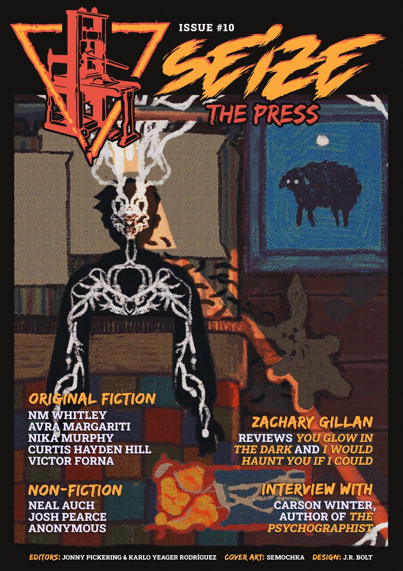 Seize The Press Magazine cover showing a person with a skeletal nervous system lying in bed while an ominous animal floats and looks through a background window pane.