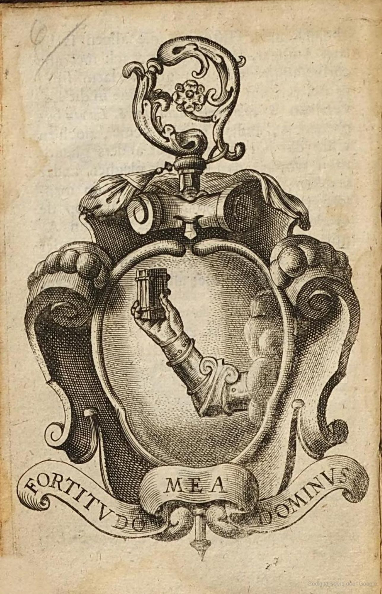 Monochrome engraving of heraldic arms showing an arm in armour holding up a closed book, with underneath the device 'Fortitudo mea dominus' (The Lord is my strenght)