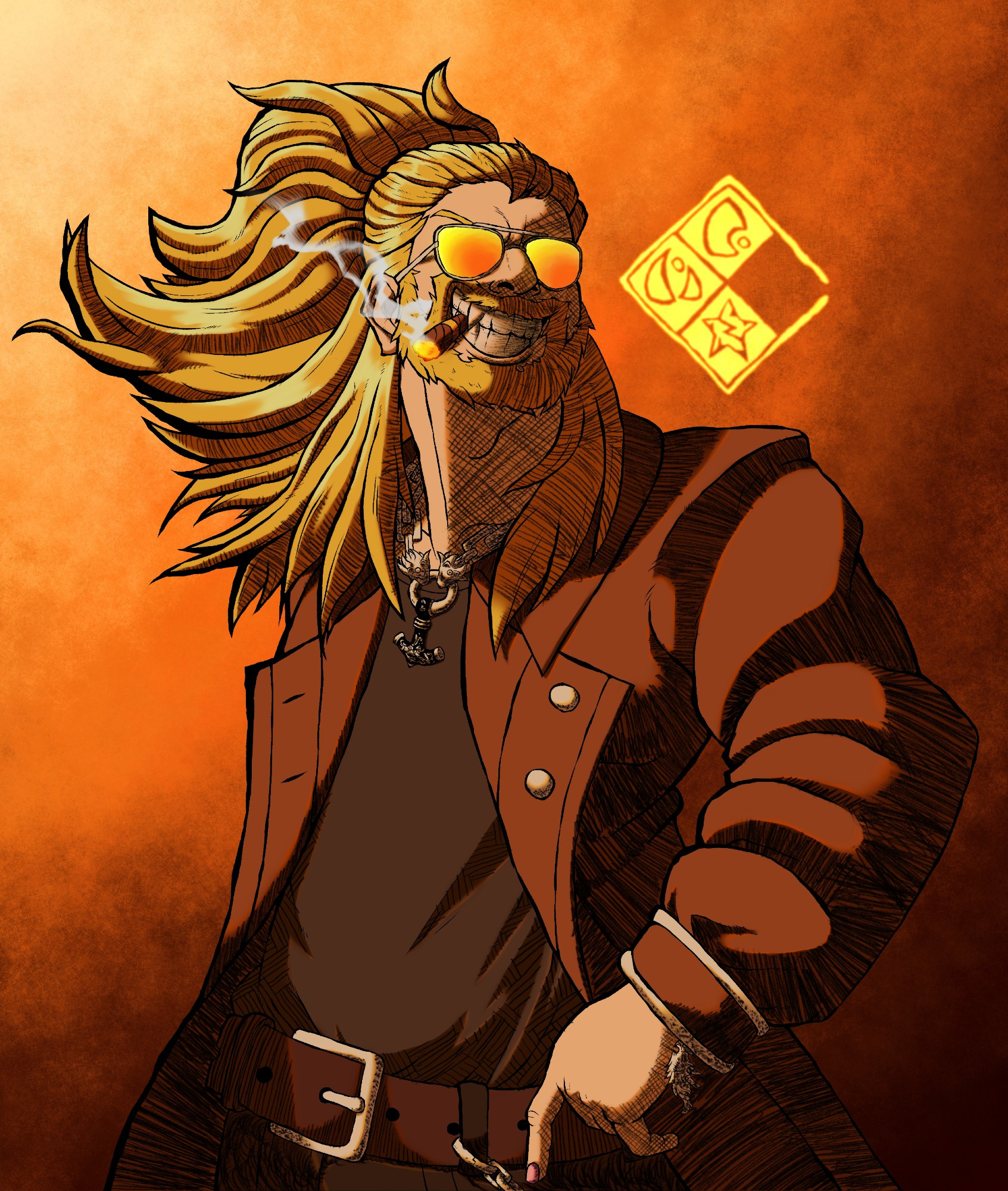 Audric, a man with a stylish coat and flowing golden hair, standing about in an orange void. He looks about, with a big grin on his face, having a bit of a smoke break. Really proud of how the smoke came to look, along with the general colors.