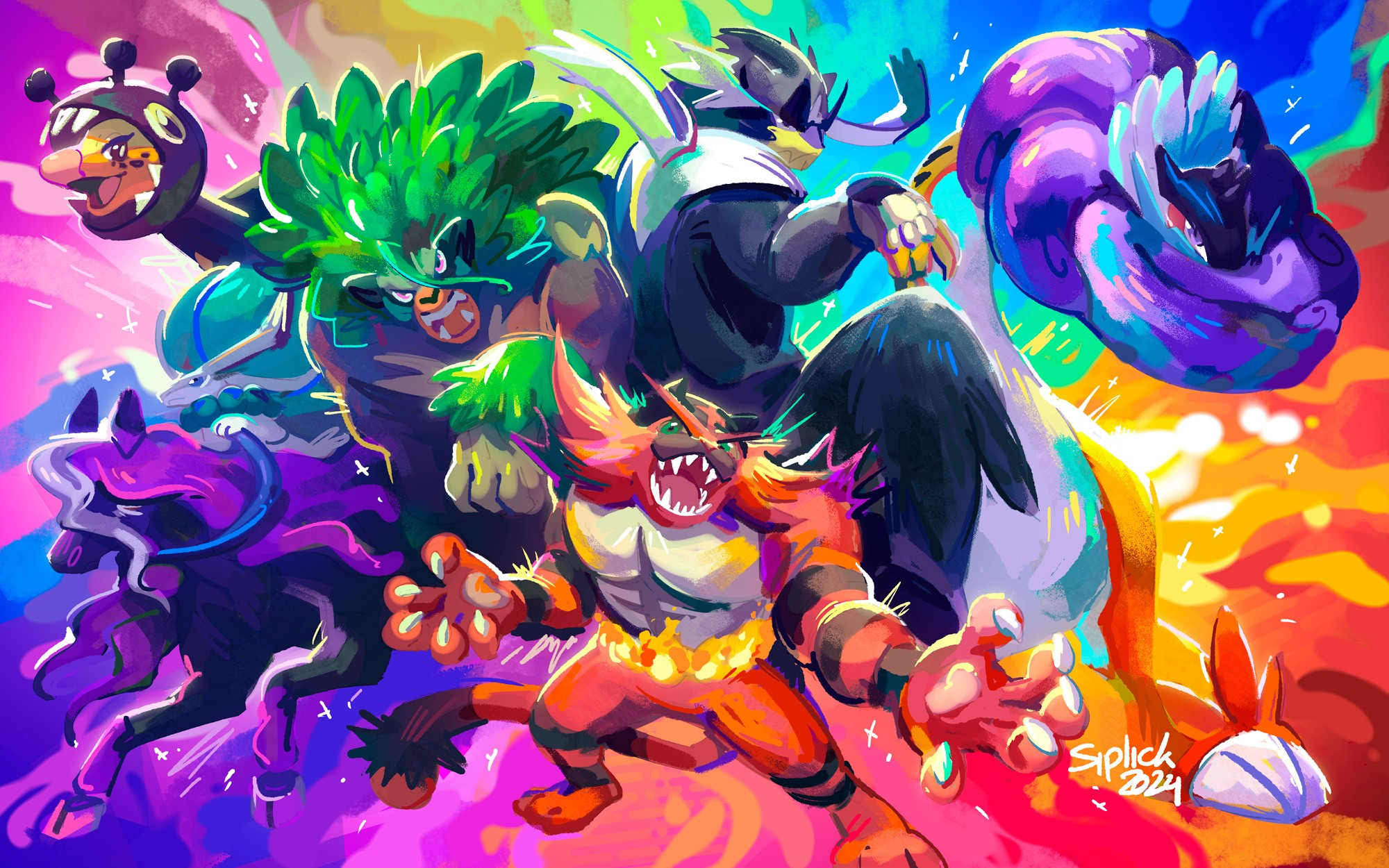 Digital illustration of a Pokémon team done in a painterly style. The illustration represents Farigiraf, Calyrex-Shadow Rider, Rillaboom, Incineroar, Urshifu-Water, and Raging Bolt.